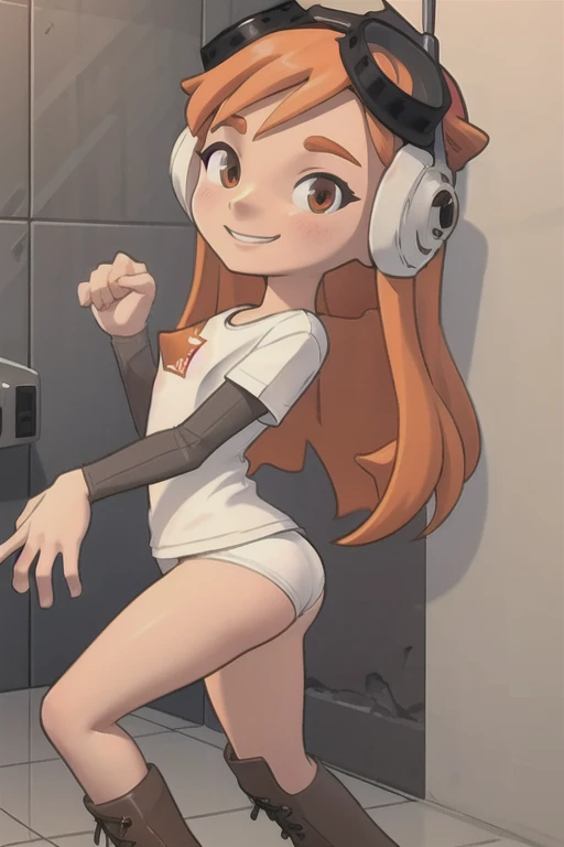 masterpiece, best quality, meggy, headphones, goggles on head, white shirt, layered sleeves, Orange panties, brown boots, running, from side, looking at viewer, smile, bathroom, panties on the floor.