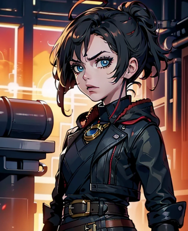 (high-quality, breathtaking),(expressive eyes, perfect face) Symmetrical Eyes, portrait, Star Wars Universe, 1girl, female, adult, mechanic, punk jacket, shirt, short sleeved, gloves, pants, belt, wrench, crystals on belt, messy hair, black hair color, brown eye color, medium hair length, stylized hairstyle, pixie haircut, tall, technician outfit, engineer, workshop background, work bench, tools, mature, narrow eyes, scars
