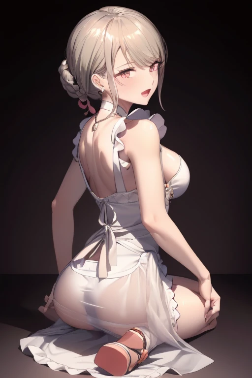 (from above:1.2),(from side:0.9),(A masterpiece of image quality in 8K),(Beautiful Allafed Woman),(((emphasizing ???????:1.1))),(Dynamic angles),(Dynamic and ???? bending pose:1.3),(sit a chair:1.1),(Short hair in shiny silver and orange inner colors,small full ???????,Disturbance of clothing due to movement,?????? slip,(Ponytail twisted buns adorned with elaborate braids and beads,Braided Setup Fishbone Hair,),(see-through bangs),(perky ?????:1.1), (pointed ?????:1.3), small ???????、(((A white lace apron that shows your ????????? from under your small ???????)))、Blush with embarrassment、Enraptured eyes、A smile that beguiles the viewer、(Look back:1.7)、Look into the photographer,skin glistening with sweat,gazing at viewer,,(Professional Lighting),(8K,masutepiece,top-quality,Ultra-high resolution output image,),(Ultra HD with complex detail image modes),depth of fields,Beautiful hands,Beautiful fingers,Detailed finger features,(Detailed hair features:1.7),detailed facial features,detailed clothes features, (perky ?????:1.1), (pointed ?????:1.3), seductive weak smiling,(with sparkling eyes and a contagious smile),little open mouth,
