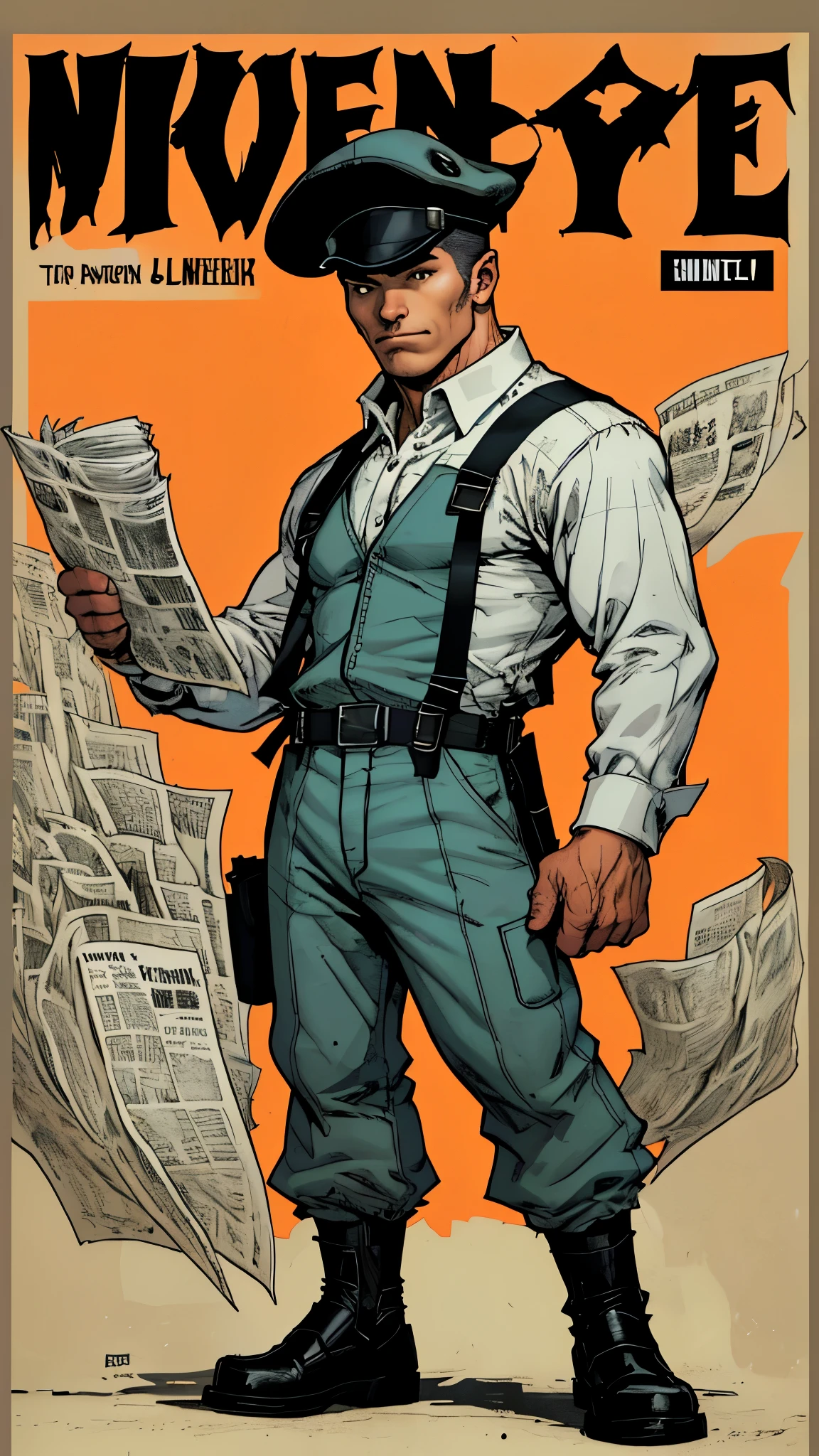 (masterpiece，top quality，best quality) bold outline style，a man，hero，Suspender outfit, long sleeve, wearing newsboy hat, on road, full body, holding a newspaper, American comic book style, solid color background，HD details，HD quality