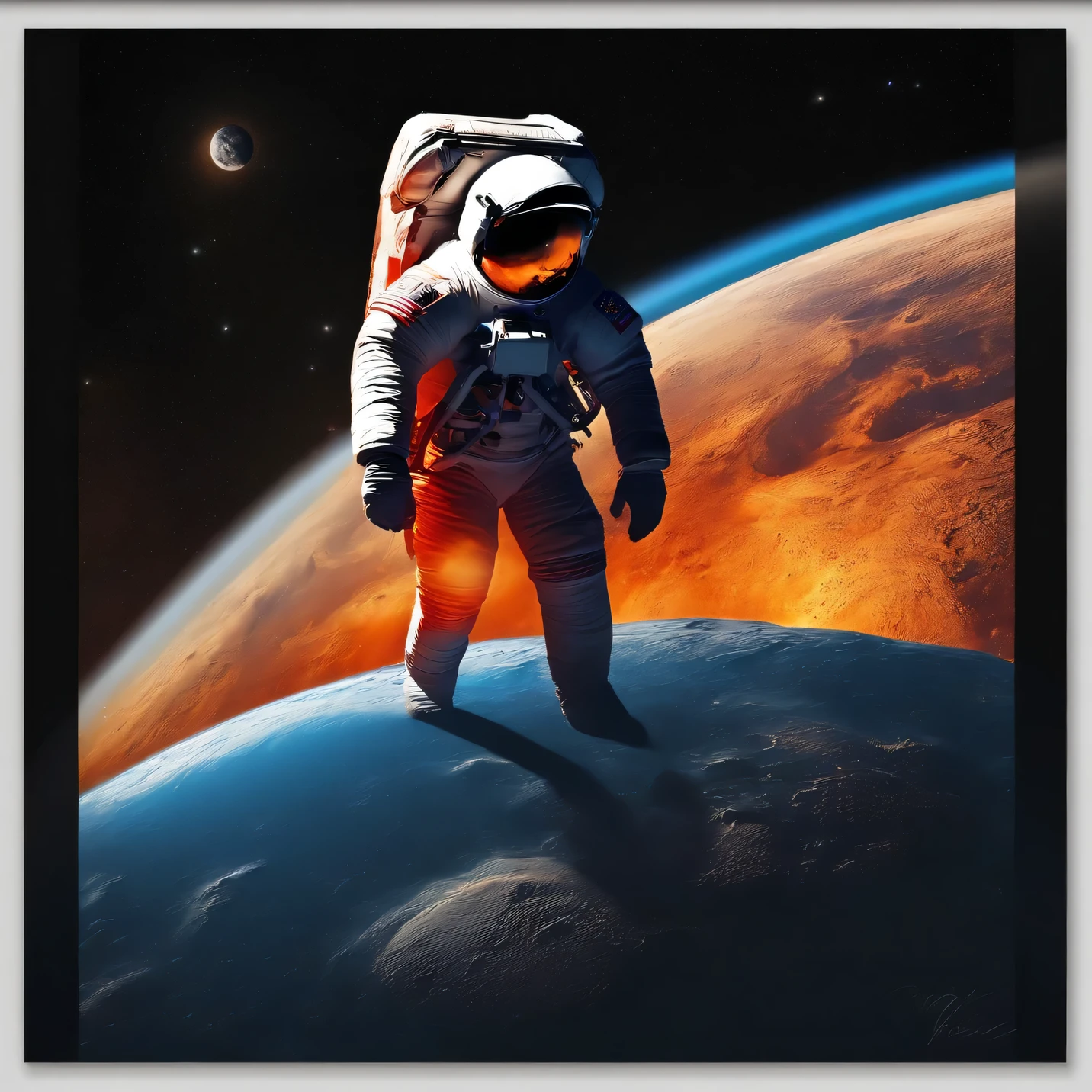 Cosmonaute assis sur une pierre sur la lune a cote du drapeau americain qui contemple les etoiles et la terre ravagé par une eruption solaire