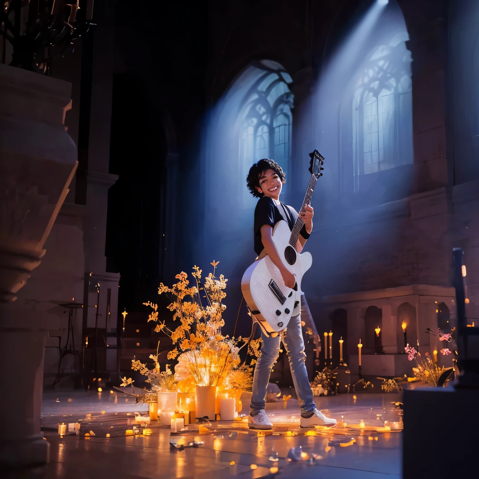 young mexican boy, plays on guitair, black hair, keep smiling, in chapel