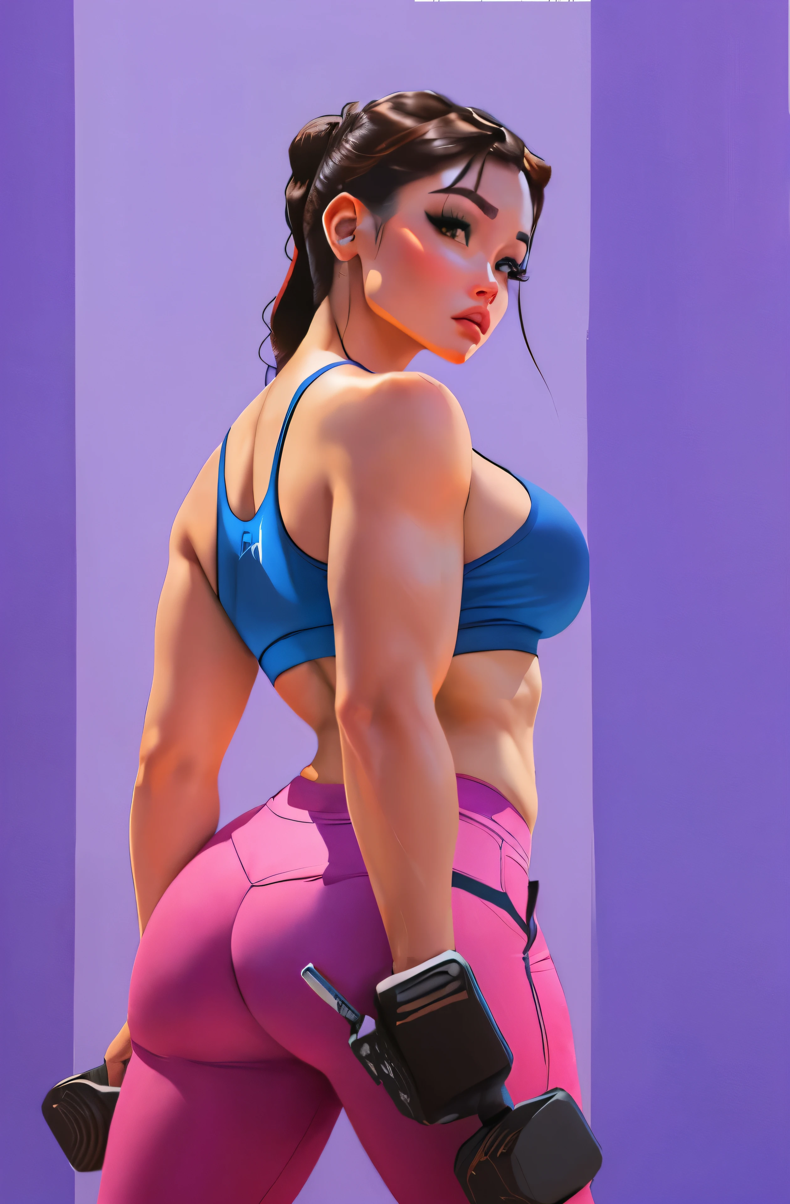 una caricatura de una mujer con pantalones rosas y una blusa azul, chun li en el gimnasio, chica en forma, sudor musculoso lara croft, in digital illustration style, lindosexyrobutts, pintura digital de dibujos animados, muscular girl, cartoon art style, arte digital de dibujos animados, dibujos animados muy detallados, high resolution commission, trasero tonificado, arte de pintura de dibujos animados digitales