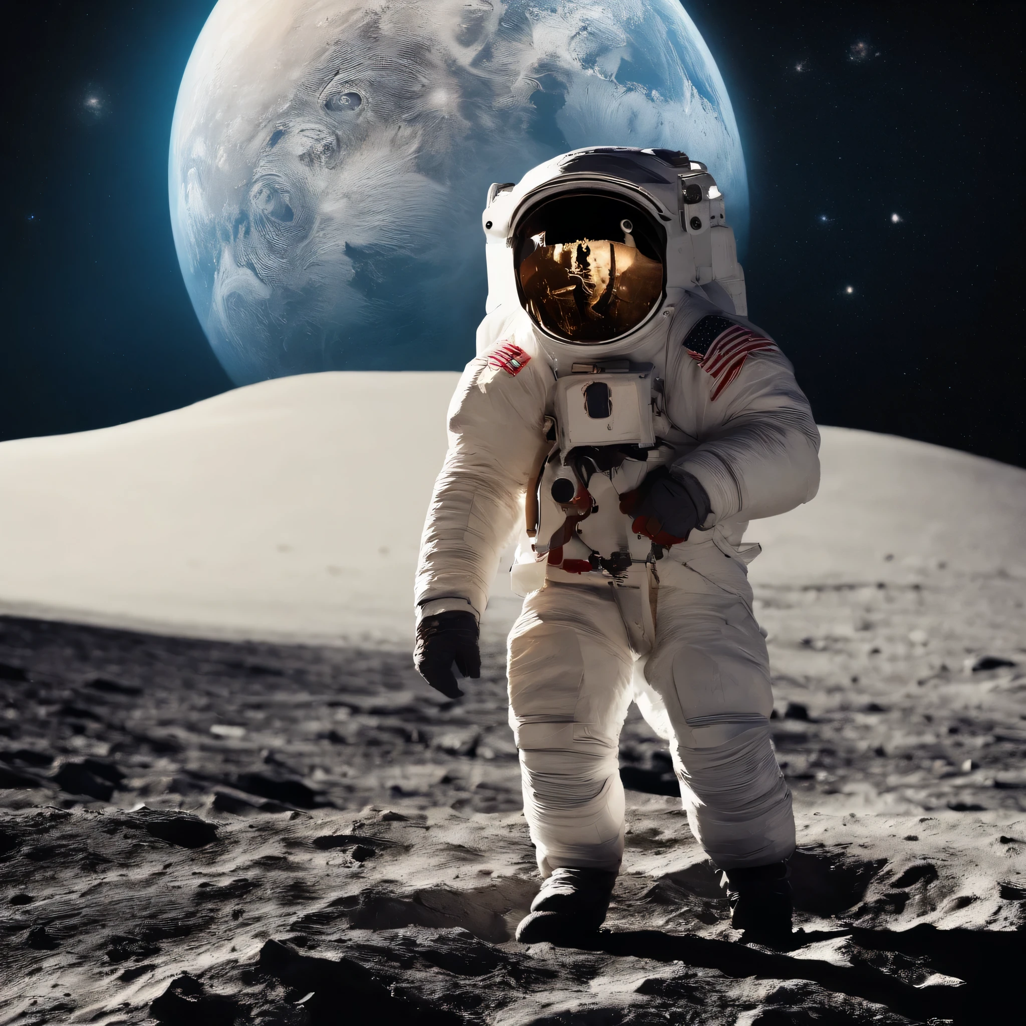 Cosmonaute assis sur une pierre sur la lune a cote du drapeau americain qui contemple les etoiles et la terre ravagé par une eruption solaire