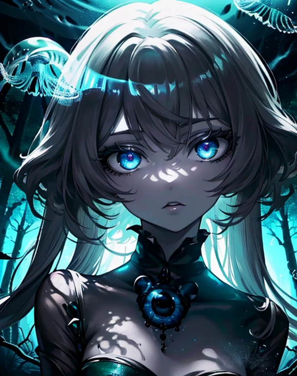 (masterpiece,best quality,ultra-detailed),1girl, black hair,beautiful and detailed face, detailed eyes,looking at viewer, multicolored eyes,((grey theme),pale skin, glowing eyes ,in the sea,((night)),dark ambient,(underwater),(((in a forest underwater))),jellyfish