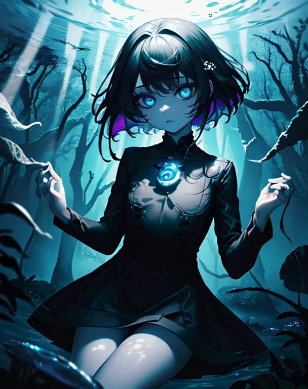(masterpiece,best quality,ultra-detailed),1girl, black hair,beautiful and detailed face, detailed eyes,looking at viewer, multicolored eyes,((grey theme),pale skin, glowing eyes ,in the sea,((night)),dark ambient,(underwater),(((in a forest underwater))),jellyfish