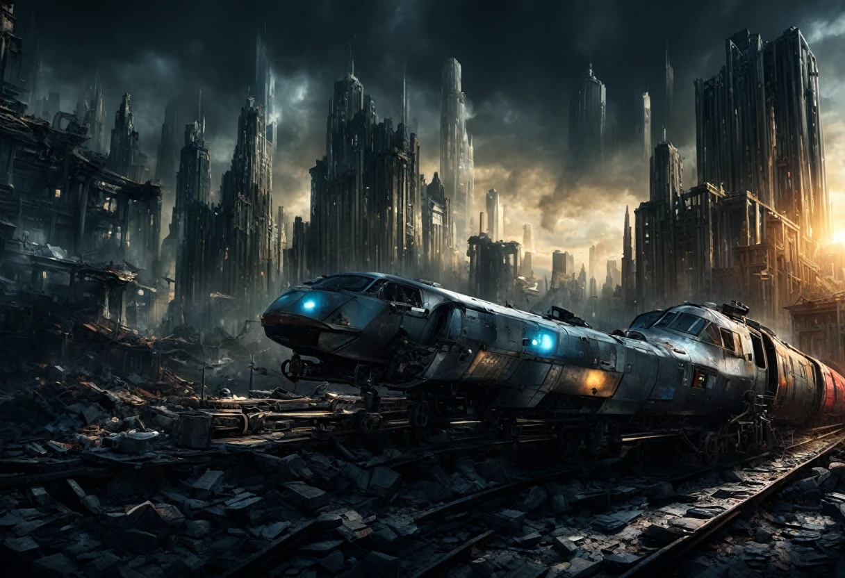 a high-speed futuristic train speeding through the ruins of a dystopian sci-fi city, with shattered glass, dramatic shadows, and decaying buildings, cinematic lighting creating a chiaroscuro effect, advanced futuristic technology and sleek lines, powerful engine and a sense of speed and danger, all rendered in vivid, vibrant colors with a masterful, highly detailed, photorealistic style, creating an immersive, atmospheric, and mysterious post-apocalyptic scene.