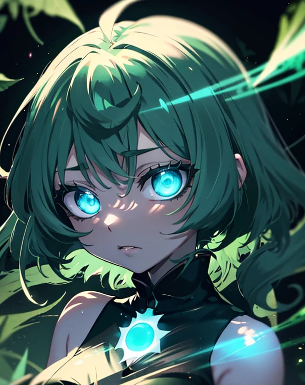 anime girl with green eyes in the dark surrounded by leaves, green glowing eyes, with glowing eyes, magical glowing eyes, anime lush john 8k woods, dark glowing rain, glowing eyes everywhere, eerie glowing eyes, glowing eyes, eyes glowing, numerous dimly glowing eyes, anime style. 8k, glowing green eyes, glowing magical eyes, very glowing eyes