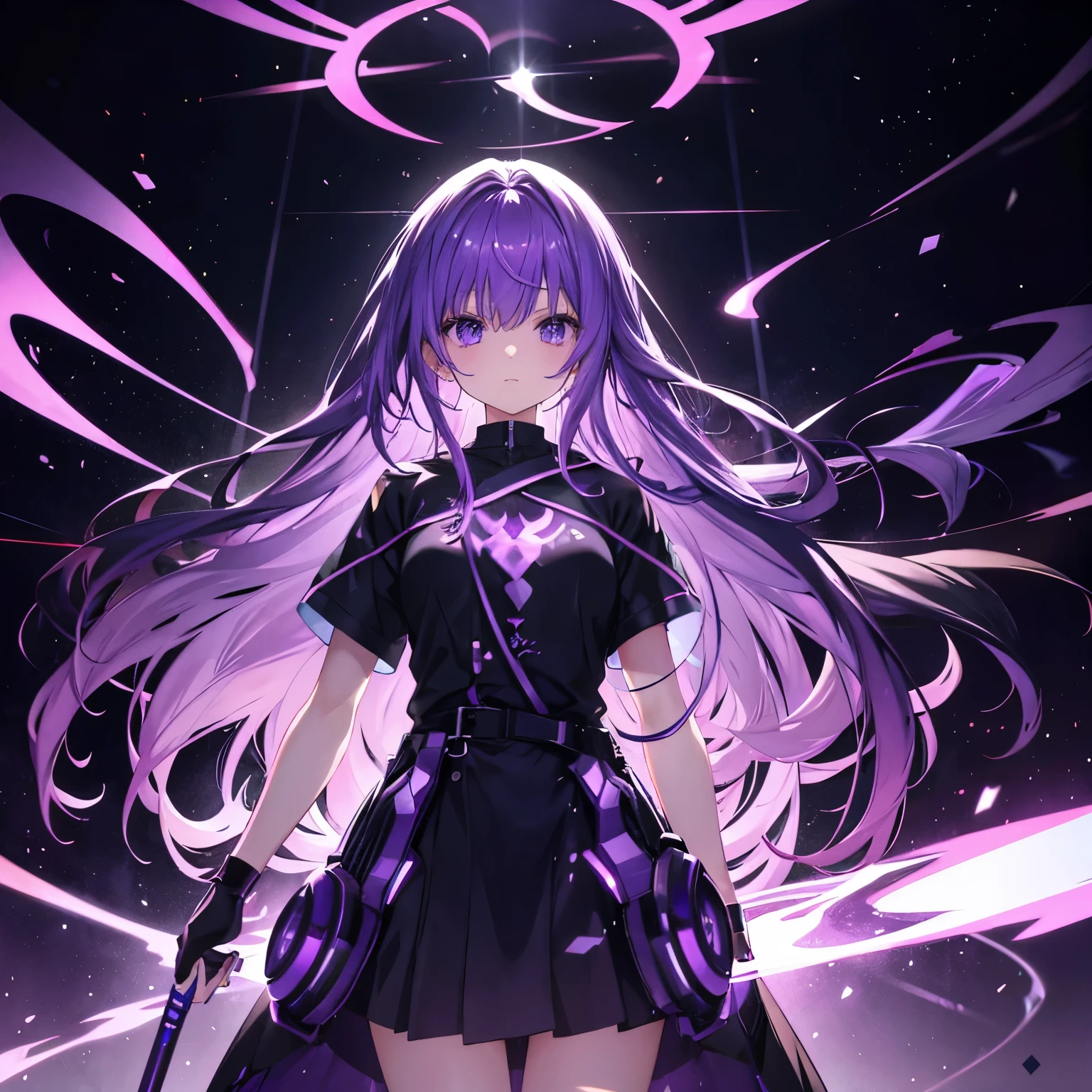 Anime girl stands in open clothes, purple aura around her, looks at you sideways, Developing hair, plain color, purple light, grandeur, fear