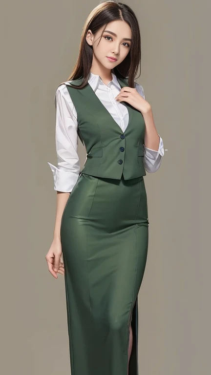 (Full-body photos of the same person:1.5)、(Plain navy blue latex vest:1.2)、(ラテックスの紺色の膝下丈くらいのOffice worker uniformのペンシルスカート:1.4)、Elegant long hair、45-year-old office lady、Intelligent married woman、Beautifully detailed hair、Beautiful and detailed brown eyes、beautiful flat chest、Beautiful, clear skin、Office worker uniform、Woman's wedding ring on the ring finger of her left hand、Detailed face、Detailed eyes、