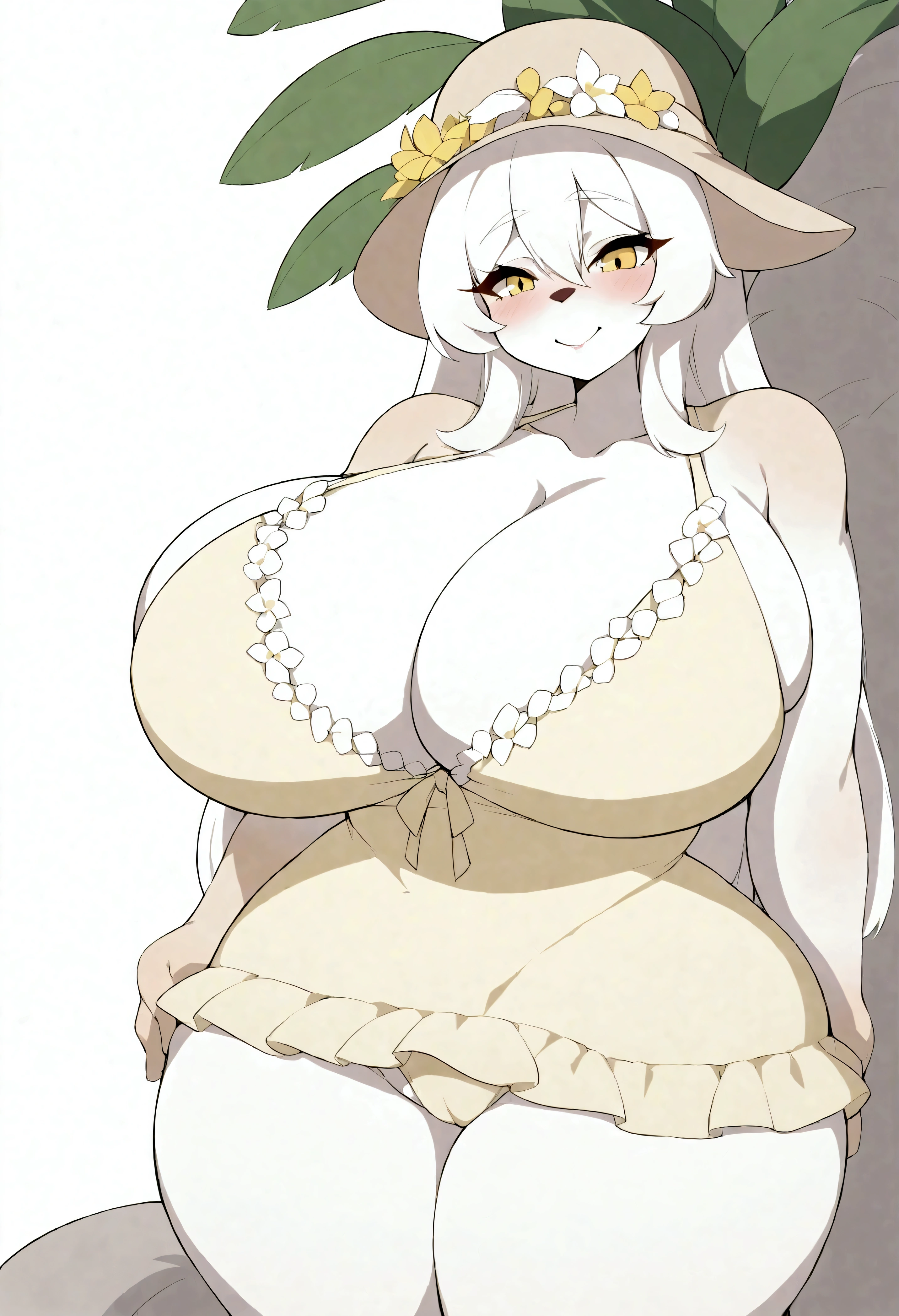 thick curvy sexy furry girl, huge breasts, thick thighs, big butt, cute face, lusty face, wearing a (flowery yellow sundress:1.2), showing off her panties