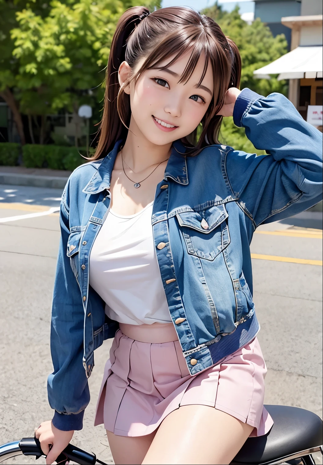 (highest quality,masterpiece:1.3,Ultra-high resolution),(Very detailed、Caustics) (Realistic:1.4, RAW shooting、)Ultra-Realistic Capture、Very detailed、Natural skin texture、masterpiece、(Japanese woman wearing a pale pink T-shirt, Mini jean skirt and dark brown jacket:1.3), Adorable expression、Expressions of happiness、、height: 160cm、Young Face、Amazingly cute、Twin tails、Straight hair、Scrunchie、Black Hair、light makeup、necklace、H-cup busty、Shining thighs、Background details、smile、An inviting gaze、Anatomically correct、Cowboy Shot、Attention to detail、Photographed on the main street of a summer resort、Empty Hands、Short leather jacket、Riding on motorcycle