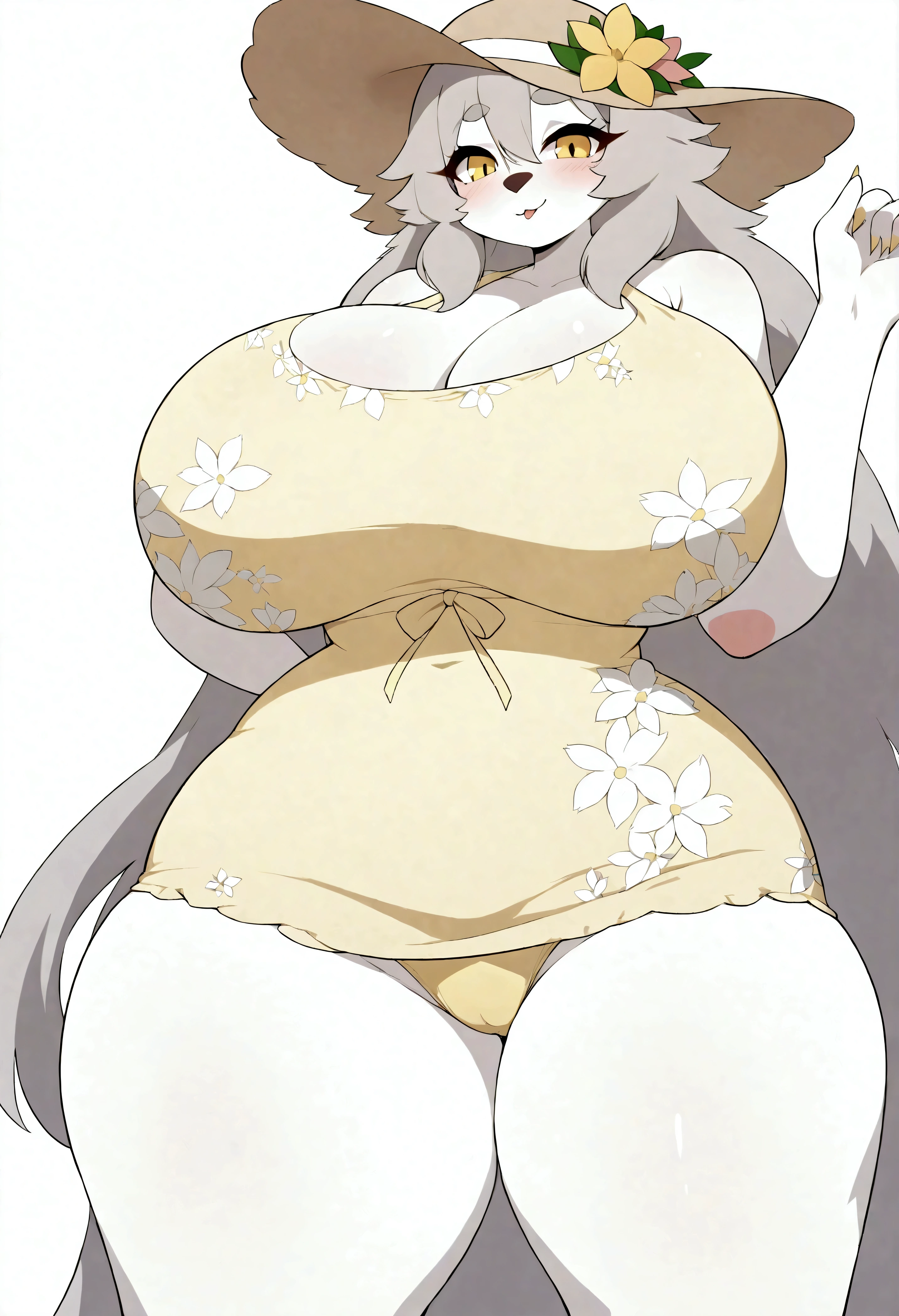 thick curvy sexy furry girl, huge breasts, thick thighs, big butt, cute face, lusty face, wearing a (flowery yellow sundress:1.2), showing off her panties