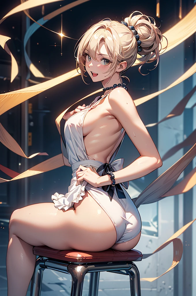 (from above:1.2),(from side:0.9),(A masterpiece of image quality in 8K),(Beautiful Allafed Woman),(((emphasizing breasts:1.1))),(Dynamic angles),(Dynamic and sexy bending pose:1.3),(sit a chair:1.1),(Short hair in shiny silver and orange inner colors,small full breasts,Disturbance of clothing due to movement,breast slip,(Ponytail twisted buns adorned with elaborate braids and beads,Braided Setup Fishbone Hair,),(see-through bangs),(perky chest:1.1), (pointed chest:1.3), small breasts、(((A white lace apron that shows your bare skin from under your small breasts)))、Blush with embarrassment、Enraptured eyes、A smile that beguiles the viewer、(Look back:1.7)、Look into the photographer,skin glistening with sweat,gazing at viewer,,(Professional Lighting),(8K,masutepiece,top-quality,Ultra-high resolution output image,),(Ultra HD with complex detail image modes),depth of fields,Beautiful hands,Beautiful fingers,Detailed finger features,(Detailed hair features:1.7),detailed facial features,detailed clothes features, (perky chest:1.1), (pointed chest:1.3), seductive weak smiling,(with sparkling eyes and a contagious smile),little open mouth,