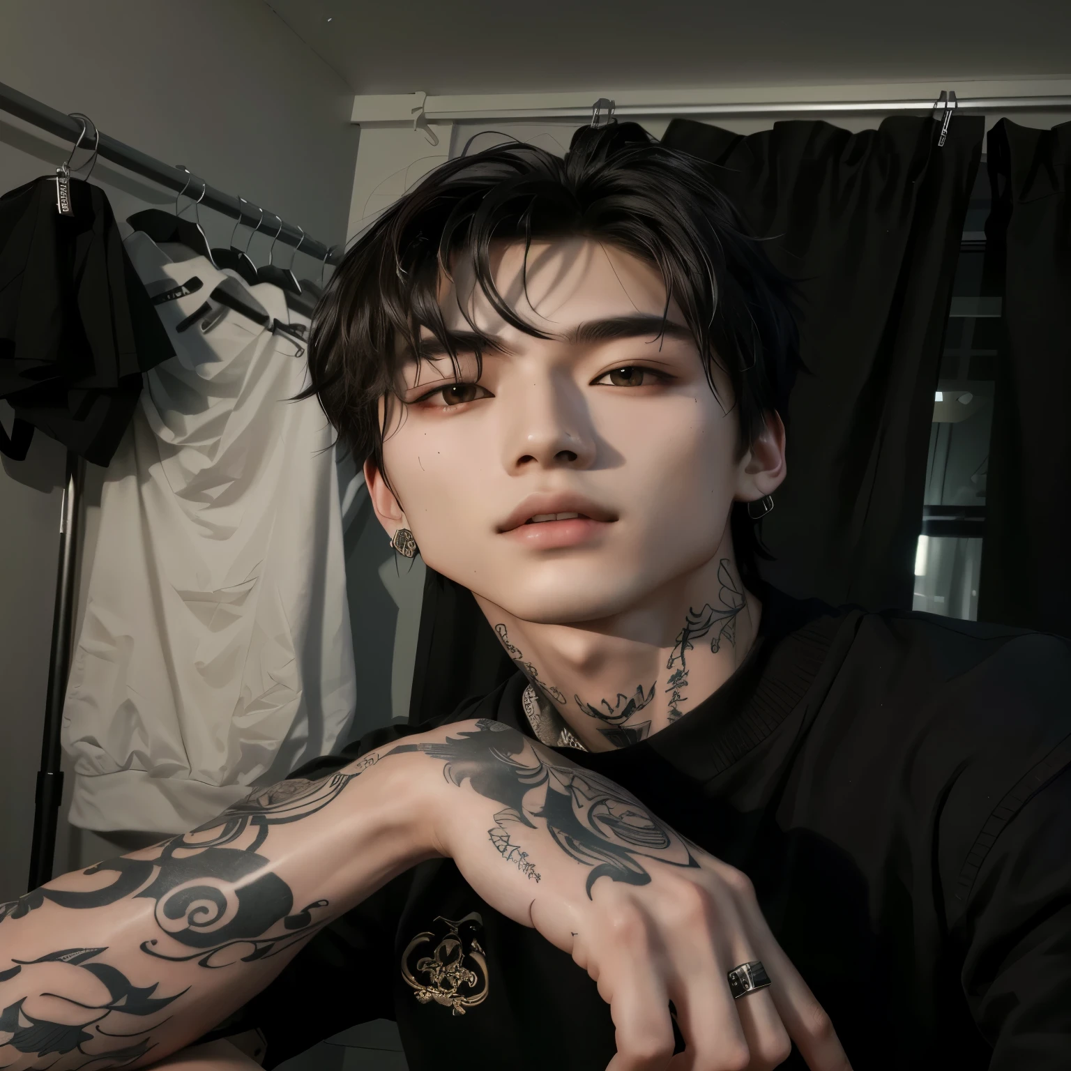 chiseled man with tattoos on his arms and arms resting on a stool, Cai Xukun, pintar ulzzang, androgynous face, androgynous person, 1 de 7 anos, rosto magro, androgynous man, cute japanese demon boy, Handsome androgynous prince, delicate androgynous prince, half body head shot, peep