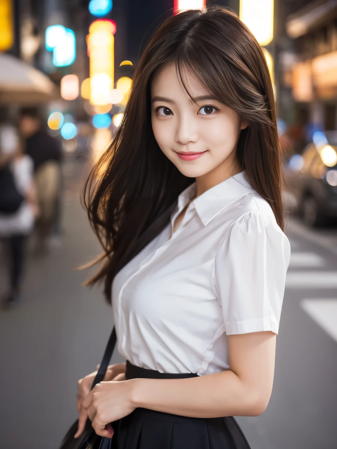 Office lady in the city、Well-balanced proportions、Medium build、Small face、Black Hair、25-year-old gravure idol、Shiny, oily skin、Shiny skin、Tokyo city、Wearing a short-sleeved blouse、Wearing a long skirt、The wind is strong and messes up her long hair、View from below、Sensual look、Sexy pose、Bag hanging from right shoulder、, light brown hair, straight hair, floating hair, seductive smile, Surrealism, cinematic lighting, tachi-e, first-person view, f/1.2, Nikon, UHD, best quality, highres