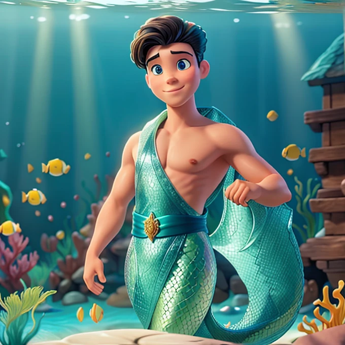 Prince Eric with a mermaid tail under the sea