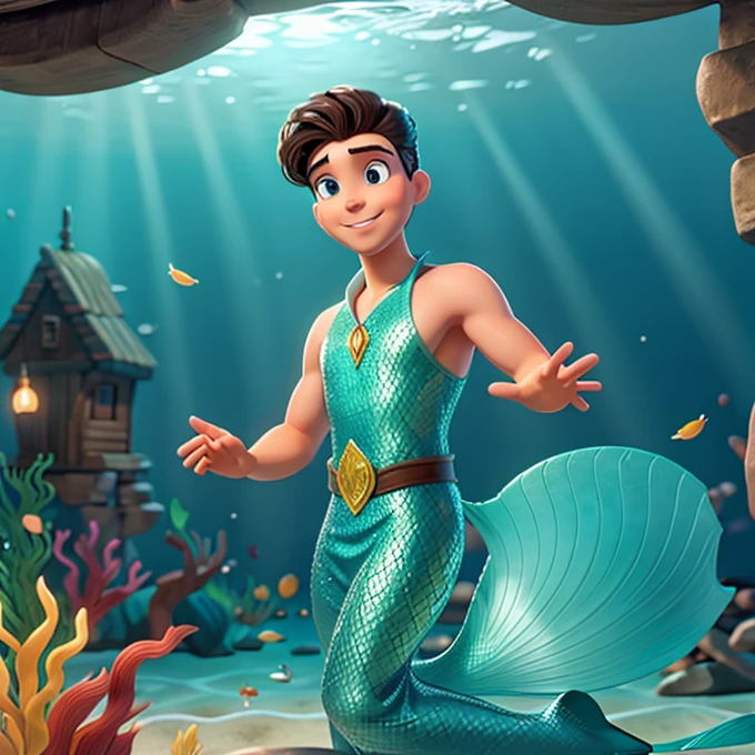 Prince Eric with a mermaid tail under the sea