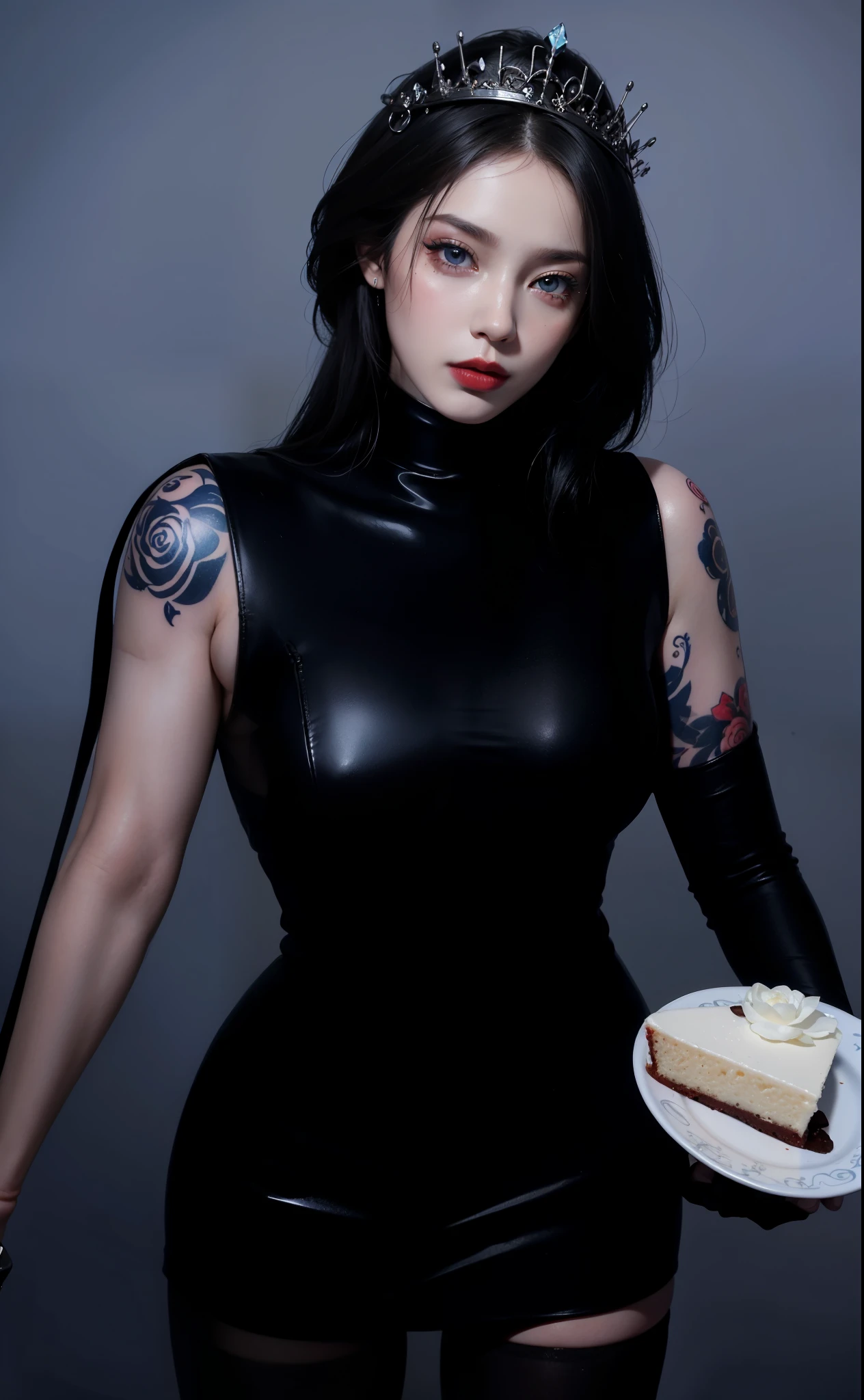 Royal princess,Super detailed, Delicate face, Stock Photography , Portrait 400, F1 Camera Lens.6, Colorful, Surrealism, Realistic textures, Dramatic Lighting, Thin Film Distiller 800 (8K, original photo, Better quality, masterpiece: 1.2), Super detailed, (Extremely delicate skin: 1.2), 8K Ultra HD, SLR camera, Soft Light, high quality.Fire Queen,Blue pupils,Apply red lipstick,Have a tattoo,The tattoo is very three-dimensional,华丽而复杂的Tattoo designs,8K Mugshot,Large Breasts,Dark eyeshadow,Sexy thick lips(Red lipstick),Ice Princess,The facial features are very three-dimensional,Wear lace prints,Tattoo designs,Holding cake in hand