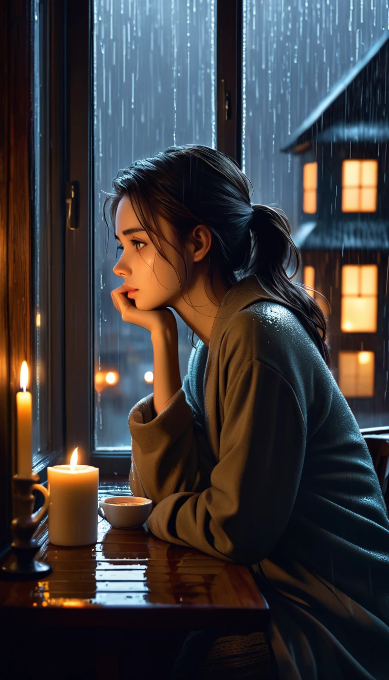 "Imagine a young woman sitting by the window, having a hot coffee on a cold and rainy day. The light is dim, coming only from candles burned at a nearby table. The young woman is dressed in comfortable clothes, but her face is gloomy and thoughtful. She is looking out the window, at the rain that falls heavily on the city. Describe the feeling of isolation and helplessness that surrounds the young woman, who is sitting alone in a cold and dark house, thinking about life and her future."
