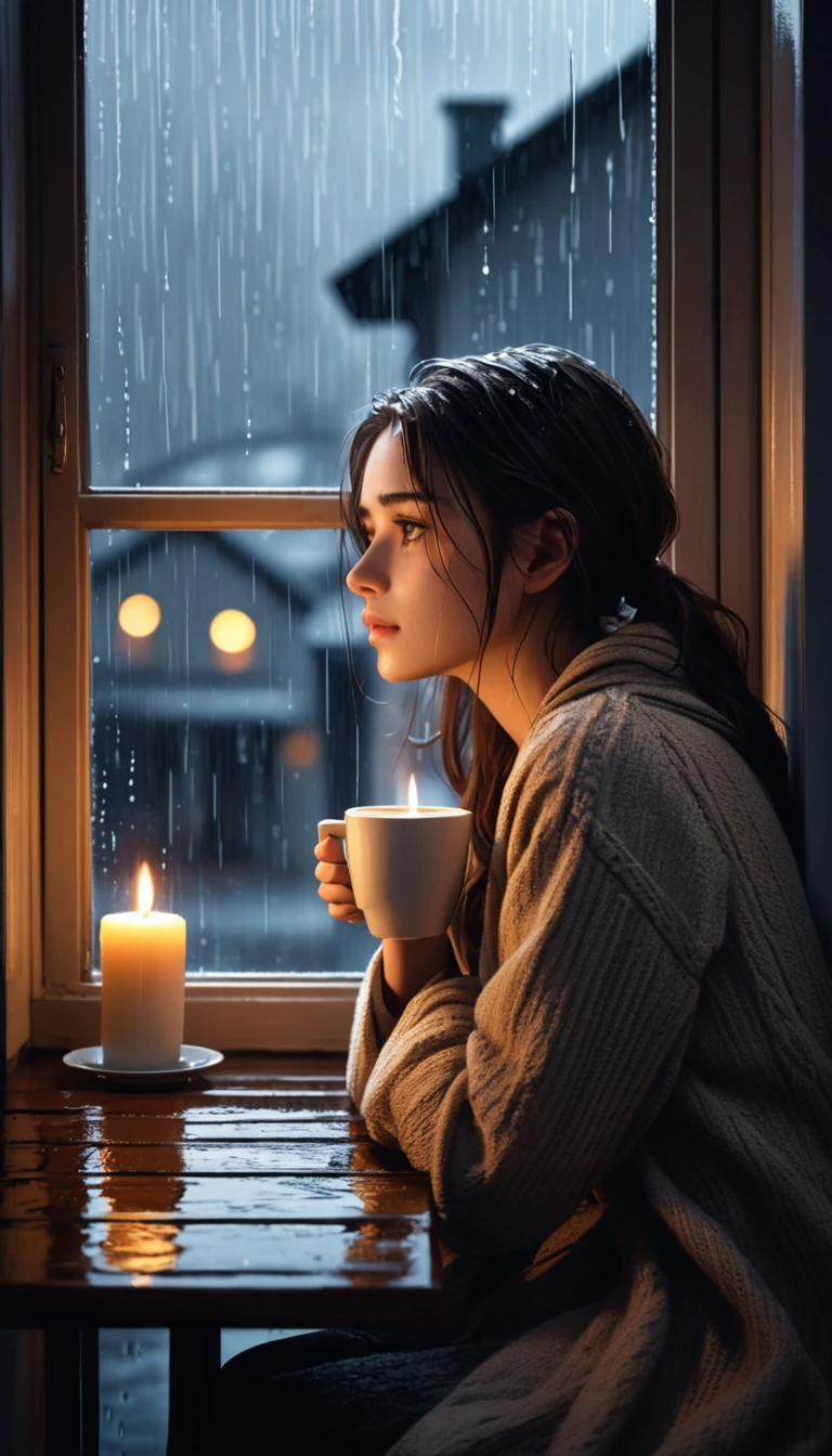"Imagine a young woman sitting by the window, having a hot coffee on a cold and rainy day. The light is dim, coming only from candles burned at a nearby table. The young woman is dressed in comfortable clothes, but her face is gloomy and thoughtful. She is looking out the window, at the rain that falls heavily on the city. Describe the feeling of isolation and helplessness that surrounds the young woman, who is sitting alone in a cold and dark house, thinking about life and her future."