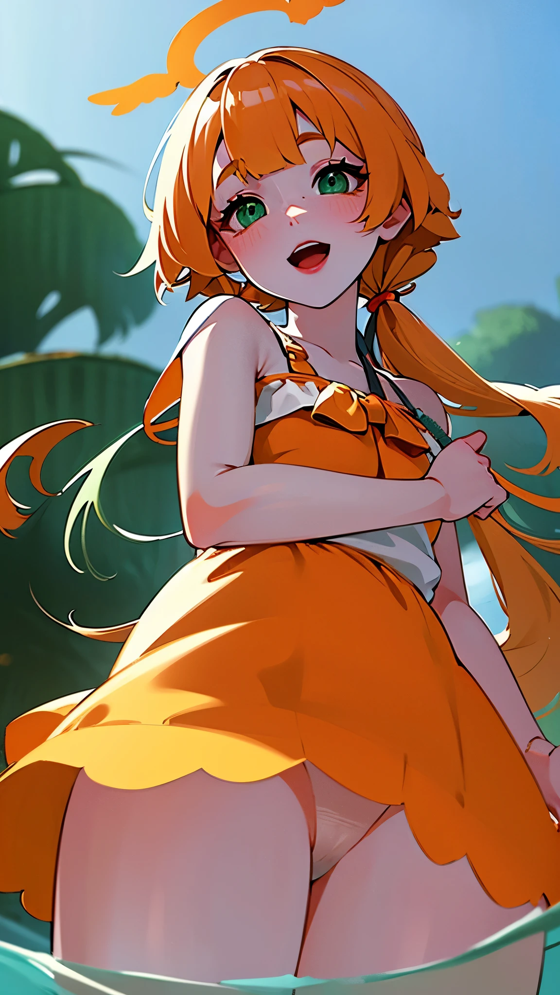 ((best quality)), ((masterpiece)), (detailed), 1 girl, white woman, big, bright green eyes, freckles on her face, long straight orange hair with red gradient downwards, orange bangs on her forehead, in a pond of water in the middle of nature, cute anime animation style