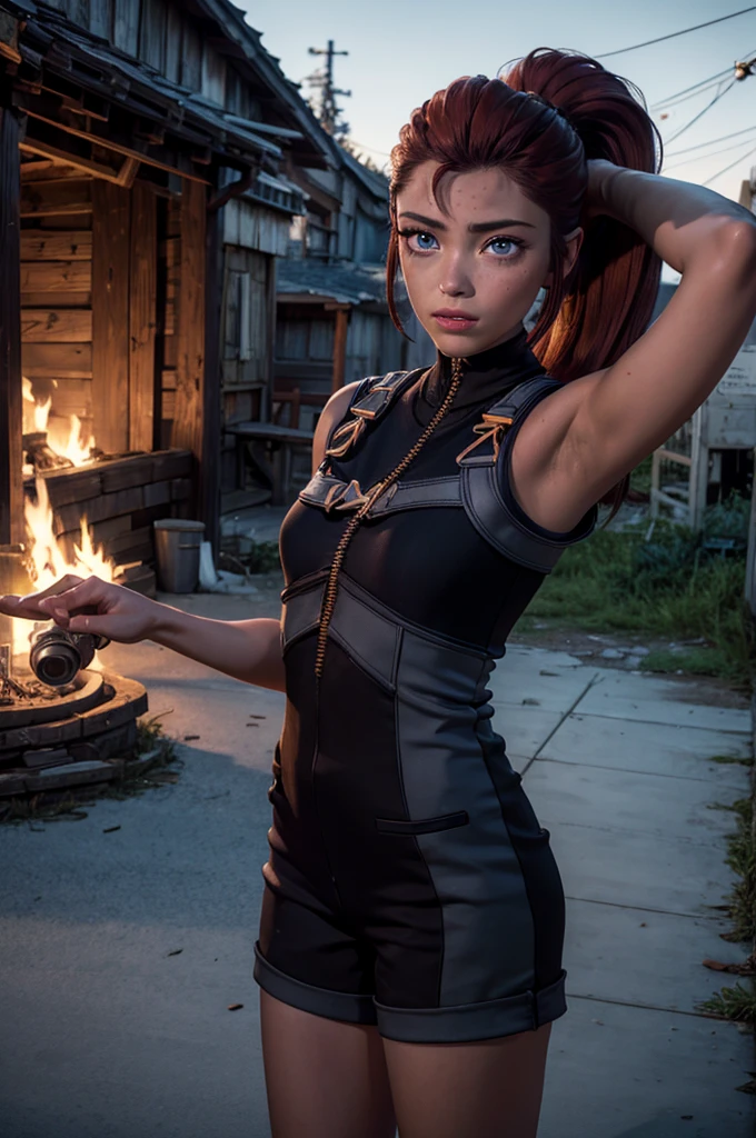 iliaamitola, ilia amitola, long hair, blue eyes, brown hair, ponytail, dark skin, dark-skinned female, BREAK bare shoulders, bodysuit, BREAK standing inside ruins of empty stadium, rubble, cracked ground, stream, snow-covered stadium, post-apocalypse, dystopian future, crowd, (crowd in military uniforms), bonfires, BREAK looking at viewer, (cowboy shot:1.5), BREAK (masterpiece:1.2), best quality, high resolution, unity 8k wallpaper, (illustration:0.8), (beautiful detailed eyes:1.6), extremely detailed face, perfect lighting, extremely detailed CG, (perfect hands, perfect anatomy), (masterpiece,stunning girlfriend, (standing:1.1), dynamic pose, heart shaped face, elegant face, beautiful face, highly detailed face, highly detailed skin, skin pores, subsurface scattering, realistic pupils, looking at viewer, full lips, detailed background, depth of field, atmospheric perspective, volumetric lighting, sharp focus, absurdres, realistic proportions, good anatomy, (realistic, hyperrealistic:1.4), 16k hdr,