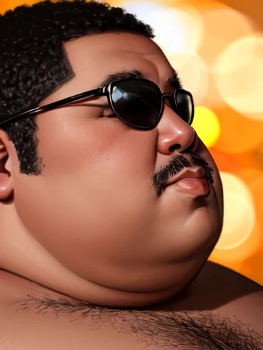 portrait photo of Atate morbidly obese without a shirt, high quality photograph, bokeh, rim light, depth of field, sunglasses,