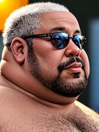 portrait photo of Atate morbidly obese without a shirt, high quality photograph, bokeh, rim light, depth of field, sunglasses,