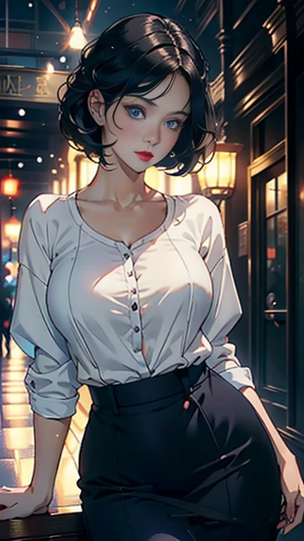 1 Female，45 years old，Married women，Mature Woman，company employee，Very large breasts， solo，Stand on your own two feet， She has short black hair，Viewed from the front，White T-shirt、Navy blue vest、Navy blue knee-length pencil skirt、（（（masterpiece），（Highly Detailed CG Unity 8K Wallpaper），highest quality，Cinema Lighting，Detailed Background，Beautiful and fine details，Bright Eyes，Iris，Snow-white skin，Red Lip（Very elegant and beautiful），（Beautifully detailed eye depiction），Super detailed，masterpiece，））To the camera，High resolution，Super detailed），