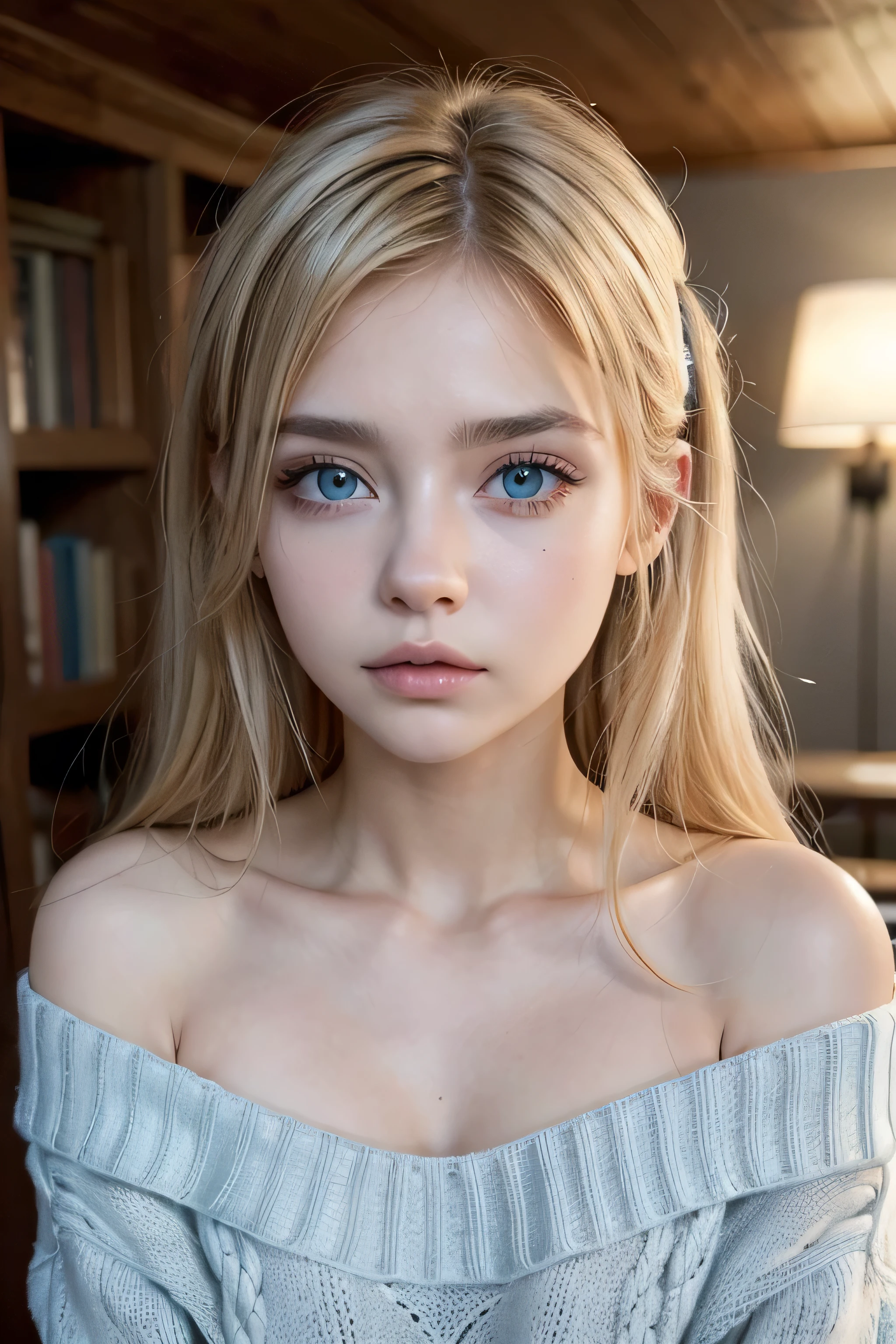 ((mejor calidad)), ((obra maestra)), (detallado), cara perfecta. Una chica alta, rusa, rubia, ojos azul celeste, ojos grandes, loose off-the-shoulder sweater, pechos enormes, hair dyed white