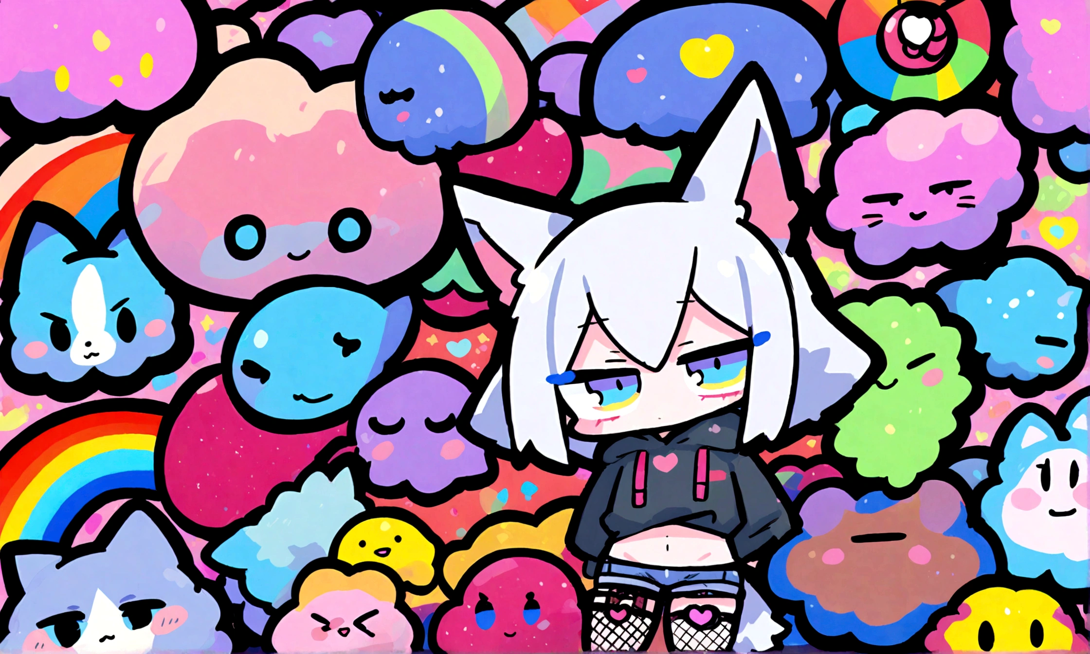 a cute chibi style adult male with wolf ears, white hair, has a wolf tail, wearing a loose cropped oversized black hoodie, wearing a pair of denim short shorts and fishnet stockings, thick thighs, wide hips, relaxing on mound of fluffy multi colored kawaii plushies, short, very slim, showing slender tummy, stretching out, heart on hoodie, squishy thighs, has glowing blue eyes. alone, solo (ALONE)(SOLO), surrounded by rainbows, colorful galaxy backround