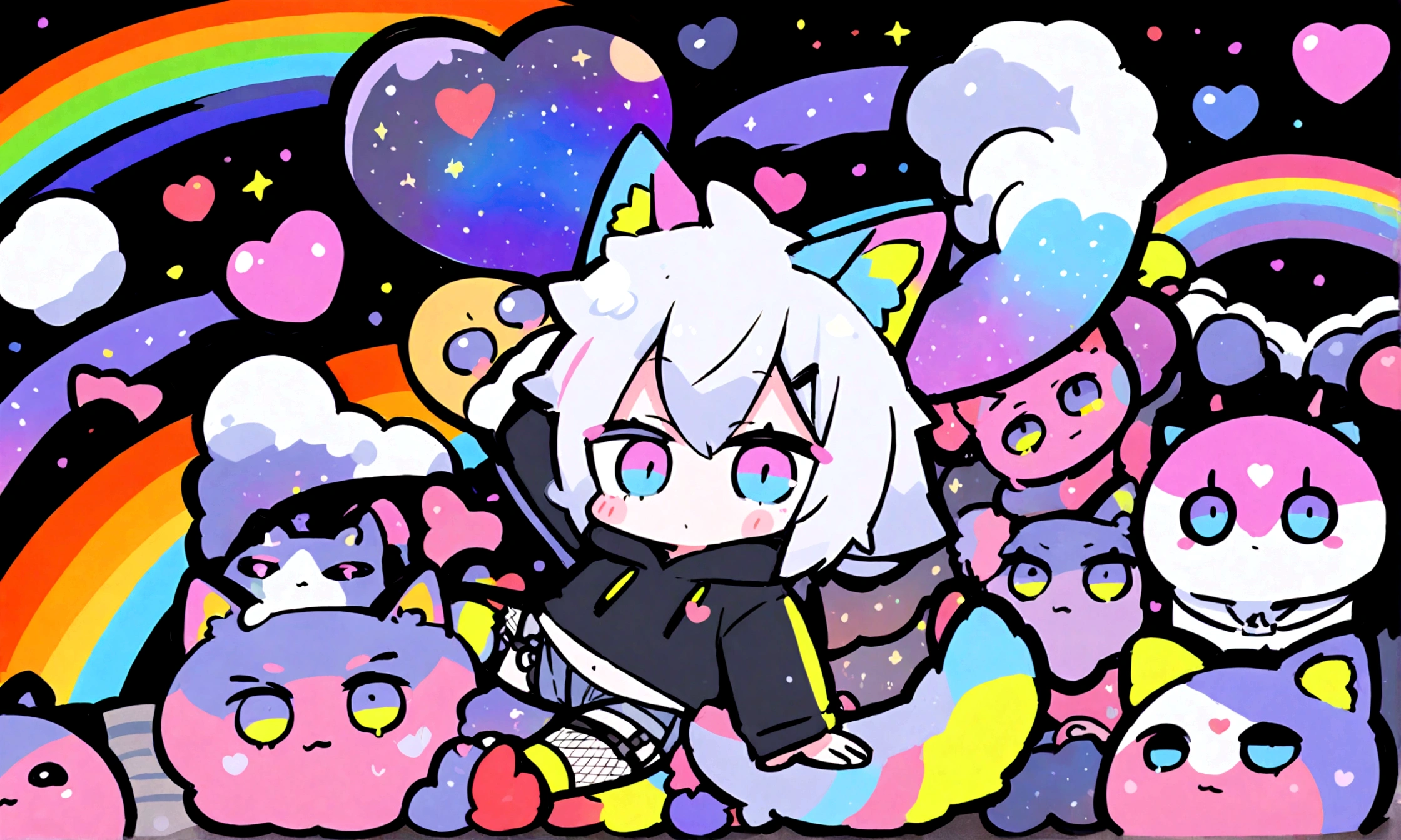 a cute chibi style adult male with wolf ears, white hair, has a wolf tail, wearing a loose cropped oversized black hoodie, wearing a pair of denim short shorts and fishnet stockings, thick thighs, wide hips, relaxing on mound of fluffy multi colored kawaii plushies, short, very slim, showing slender tummy, stretching out, heart on hoodie, squishy thighs, has glowing blue eyes. alone, solo (ALONE)(SOLO), surrounded by rainbows, colorful galaxy backround