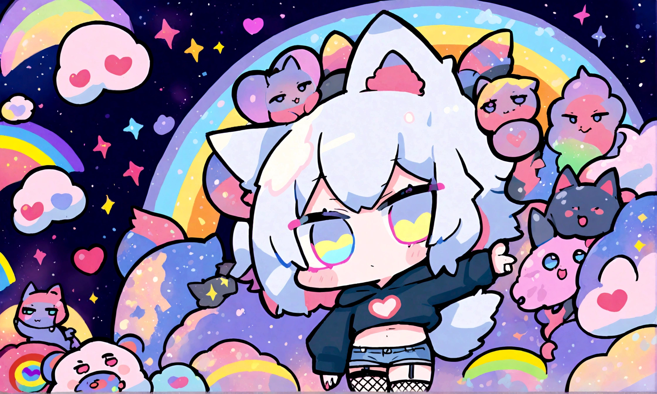 a cute chibi style adult male with wolf ears, white hair, has a wolf tail, wearing a loose cropped oversized black hoodie, wearing a pair of denim short shorts and fishnet stockings, thick thighs, wide hips, relaxing on mound of fluffy multi colored kawaii plushies, short, very slim, showing slender tummy, stretching out, heart on hoodie, squishy thighs, has glowing blue eyes. alone, solo (ALONE)(SOLO), surrounded by rainbows, colorful galaxy backround