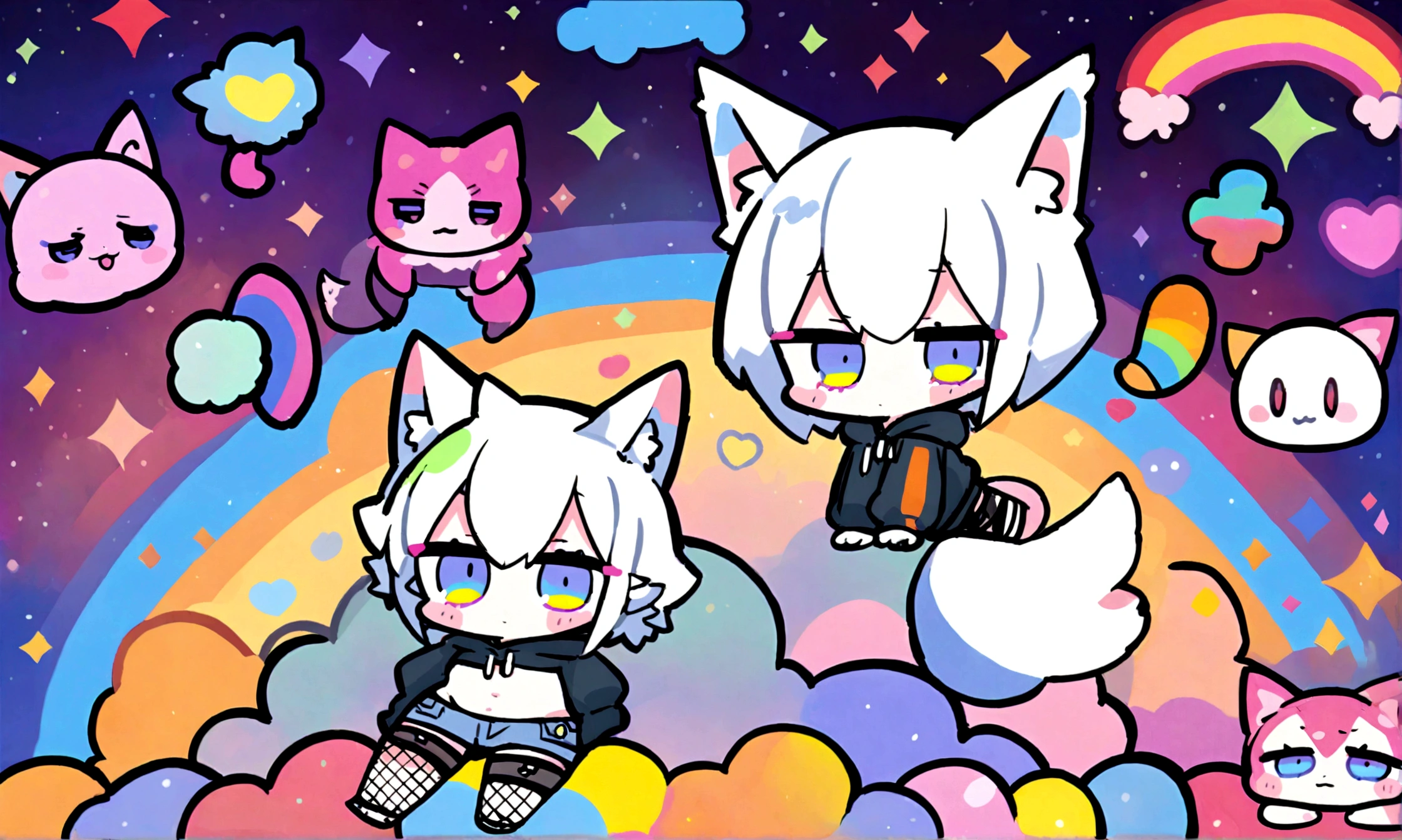 a cute chibi style adult male with wolf ears, white hair, has a wolf tail, wearing a loose cropped oversized black hoodie, wearing a pair of denim short shorts and fishnet stockings, thick thighs, wide hips, relaxing on mound of fluffy multi colored kawaii plushies, short, very slim, showing slender tummy, stretching out, heart on hoodie, squishy thighs, has glowing blue eyes. alone, solo (ALONE)(SOLO), surrounded by rainbows, colorful galaxy backround