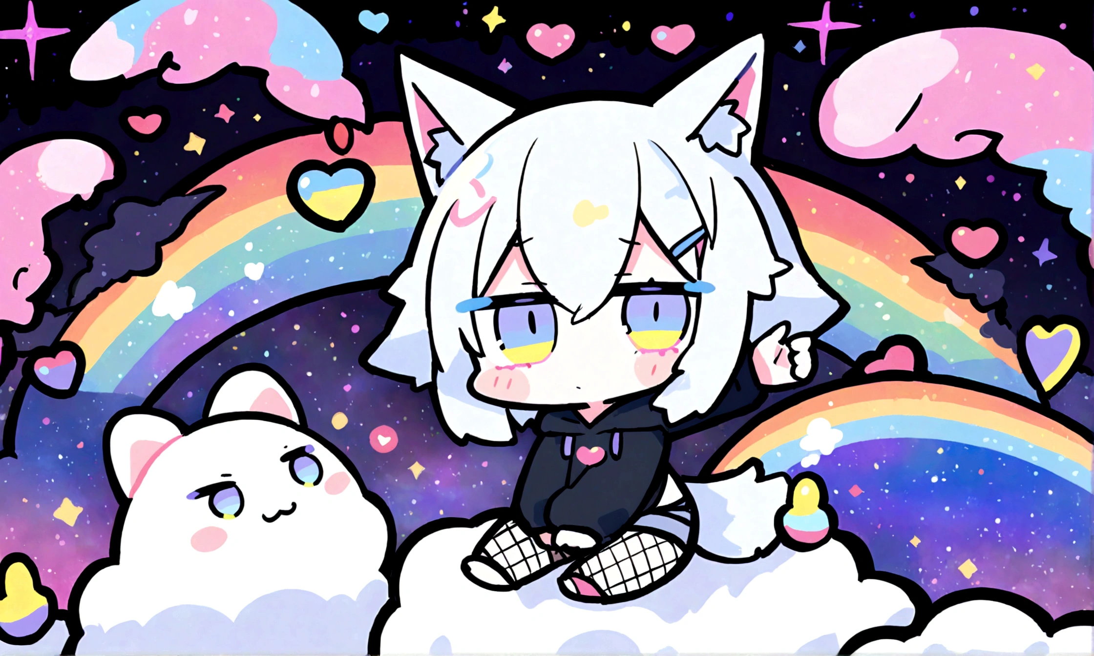 a cute chibi style adult male with wolf ears, white hair, has a wolf tail, wearing a loose cropped oversized black hoodie, wearing a pair of denim short shorts and fishnet stockings, thick thighs, wide hips, relaxing on mound of fluffy multi colored kawaii plushies, short, very slim, showing slender tummy, stretching out, heart on hoodie, squishy thighs, has glowing blue eyes. alone, solo (ALONE)(SOLO), surrounded by rainbows, colorful galaxy backround