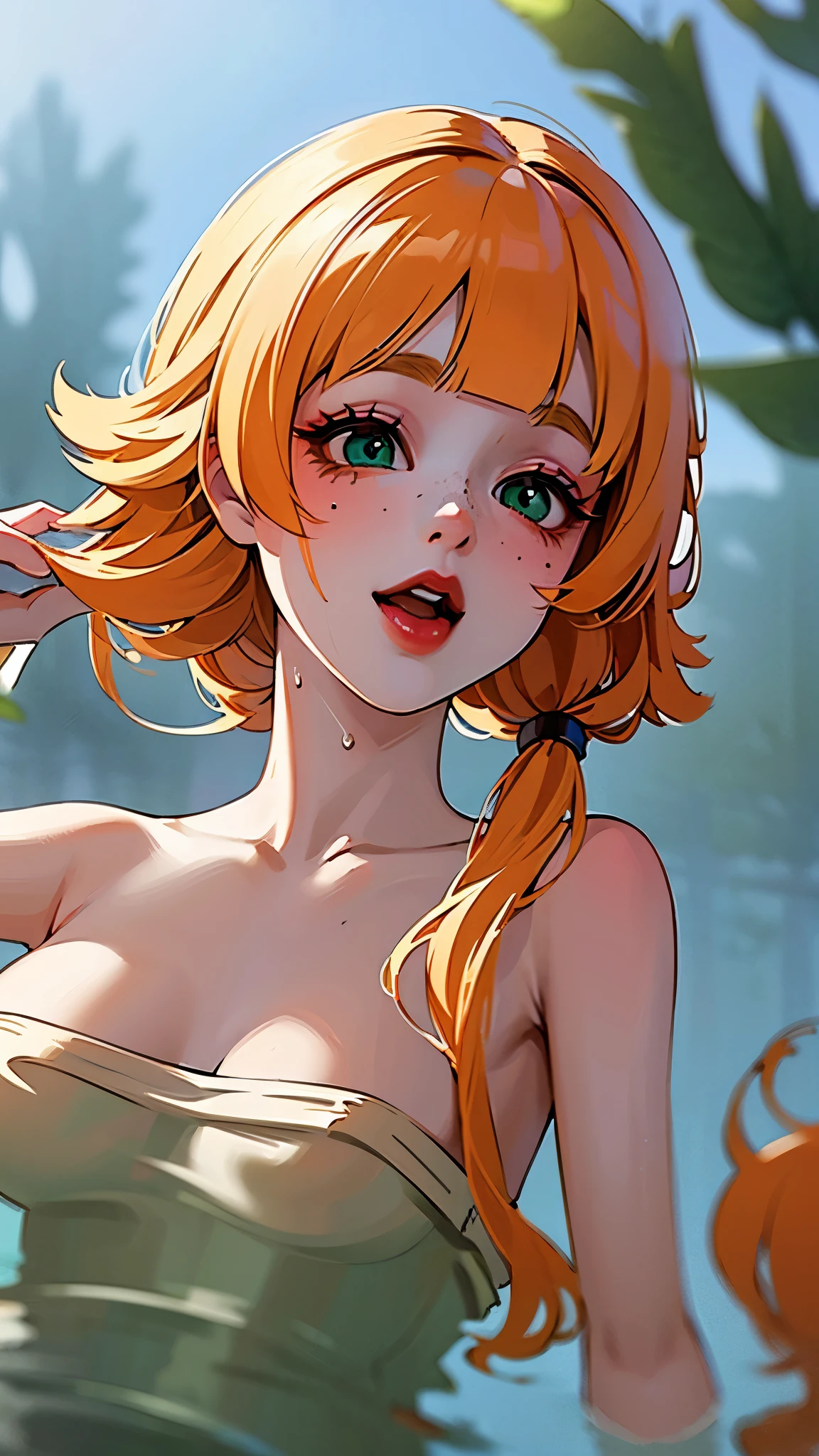 ((best quality)), ((masterpiece)), (detailed), 1 girl, white woman, big, bright green eyes, freckles on her face, long straight orange hair with red gradient downwards, orange bangs on her forehead, in a pond of water in the middle of nature, cute anime animation style