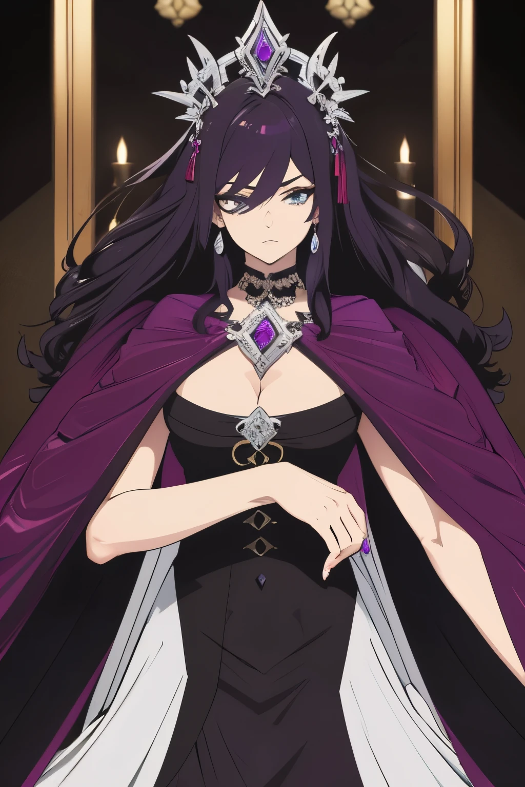 Mulher, cabelo roxo, seios grandes, roupa preta e roxa elegante, olhar afiado, serious look, roupa detalhada, olhos roxos,