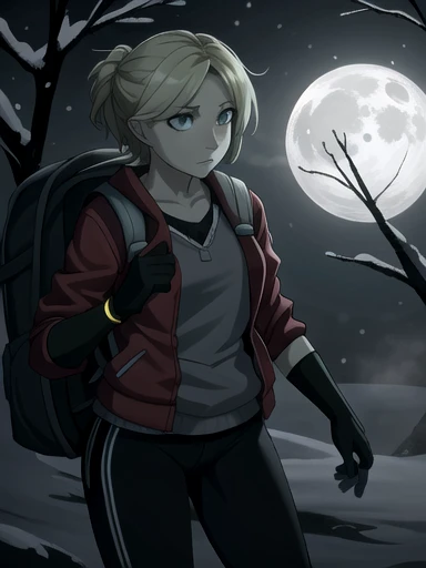 ((Best quality)), ((Masterpiece)), (detailed), (4K quality), (Detailed face:1.2), (Detailed eyes:1.2), (Perfect figure:1.2), 1girl, UDSam, solo, short hair, blonde hair, (Wearing: Red jacket, white leggings, fingerless gloves, snow boots and backpack), dark, gloomy dramatic, spooky lighting with lot of fog, foggy and snowing weather snowy, blizzard, in a forest, night time with huge white moon, upper body shot
