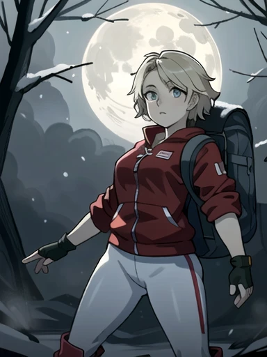 ((Best quality)), ((Masterpiece)), (detailed), (4K quality), (Detailed face:1.2), (Detailed eyes:1.2), (Perfect figure:1.2), 1girl, UDSam, solo, short hair, blonde hair, (Wearing: Red jacket, white leggings, fingerless gloves, snow boots and backpack), dark, gloomy dramatic, spooky lighting with lot of fog, foggy and snowing weather snowy, blizzard, in a forest, night time with huge white moon, upper body shot
