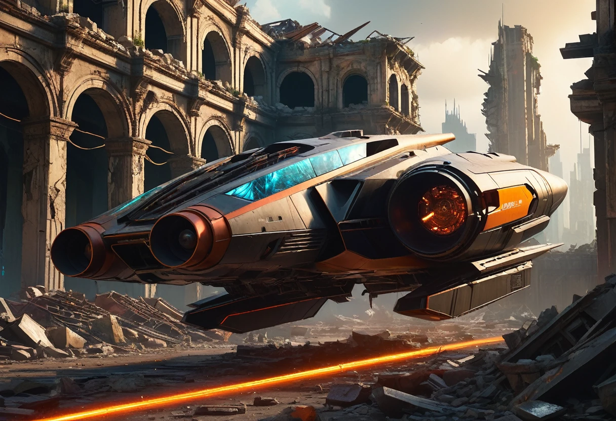 (best quality,4k,highres,masterpiece:1.2), futuristic sci-fi spacecraft in the ruins of a dystopian, post-apocalyptic city, highly detailed and realistic, cinematic lighting with dramatic chiaroscuro, ray traced, vibrant colors, shattered glass, decaying buildings, futuristic technology, dynamic composition with motion blur, atmospheric and moody, urban decay, advanced design with sleek lines, powerful engines, speed, danger, adrenaline rush