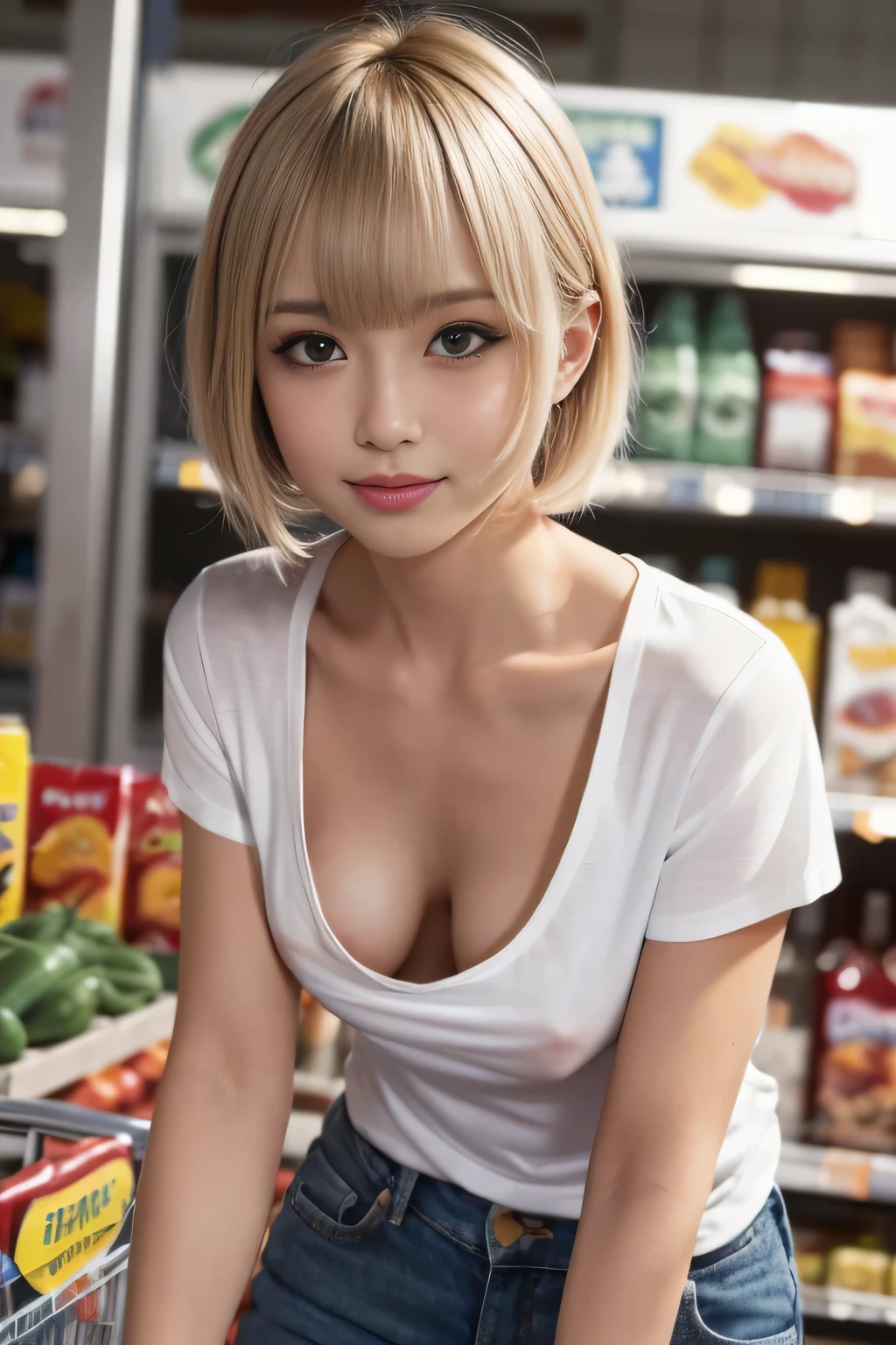 masterpiece, best quality, ultra quality, high quality, realistic, photo realistic,natural lighting,(cinematic lighting:1.4),RAW photo, hyper detailed, intricate detailed, perfect anatomy,(sharp focus:1.4), High level image quality, High resolution, BREAK 1girl,25yo,Japanese,(slender abs:1.3),large hip,(camel toe:1.2),(Blonde medium pixie hair over one eye with bangs:1.2), (leaning forward:1.4),(smile),(blushing:1.3),teary eyes, BREAK (wearing loose White T-shirt:1.5),(no bra),(denim pants), BREAK (downblouse:1.5),(nipples slip:1.5),(cleavage:1.1), (looking at the floor, looking to the side, looking at another:1.4),(realistic pale nipples), BREAK (in super market:1.5),(indoor),(shopping cart,Showcase),(mideum shot), ,from front, standing,(breast focus),(tan:1.3),(tanned skin:1.3),(sunburn tanlines:1.5),(brown eyes:1.5),(gyaru),