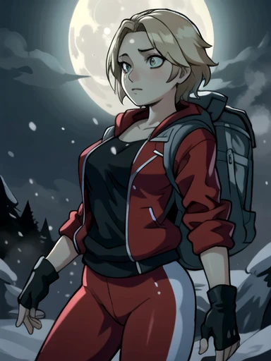 ((Best quality)), ((Masterpiece)), (detailed), (4K quality), (Detailed face:1.2), (Detailed eyes:1.2), (Perfect figure:1.2), 1girl, UDSam, solo, short hair, blonde hair, (Wearing: Red jacket, white leggings, fingerless gloves, snow boots and backpack), dark, gloomy dramatic, spooky lighting with lot of fog, foggy and snowing weather snowy, blizzard, in a forest, night time with huge white moon, upper body shot
