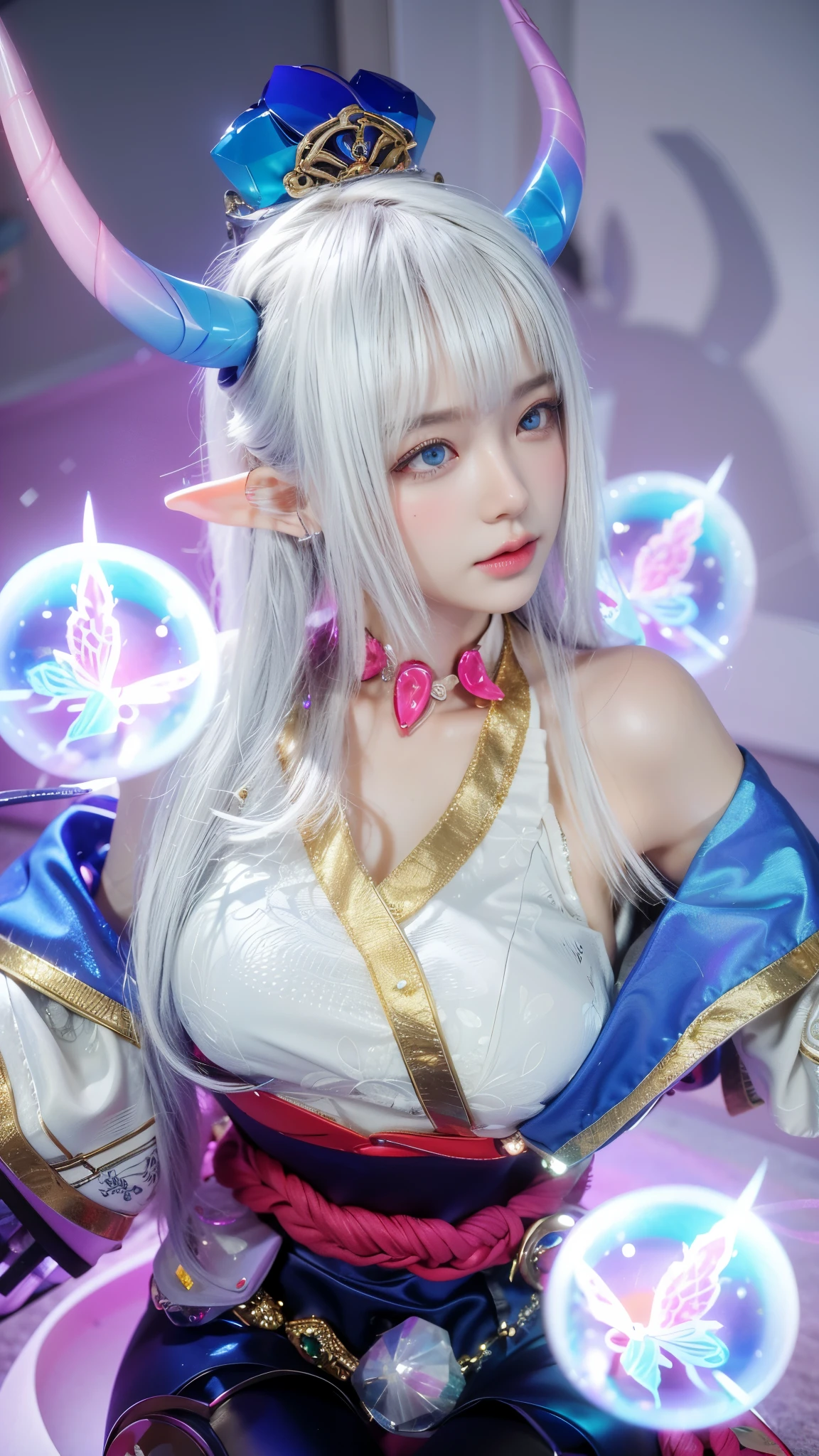 Game Art，Best image quality，Maximum resolution，8k，(A half-length photo)，(portrait)，(Head close-up)，(Rule of Thirds)，Unreal Engine 5 rendering works，20 year old girl，((Queen))，The eyes are very detailed，(Large Breasts)，Elegant and noble，Light，Light线追踪，Game CG，((3D Unreal Engine))，OC rendering reflection mode，4K，Ultra-clear，Sensual，Translucent lace，Fair and plump figure，Pretty Face，Light泽凝胶涂层，身着华贵礼服的Queen，Crystal Gem Crown，Necklace jewelry，blue eyes，The tattoo is very three-dimensional，Gorgeous and intricate tattoo designs，Ultra-clear portrait，Sexy body，Temple Princess，Sapphire eyes，Gorgeous clothes，发Light的能量球