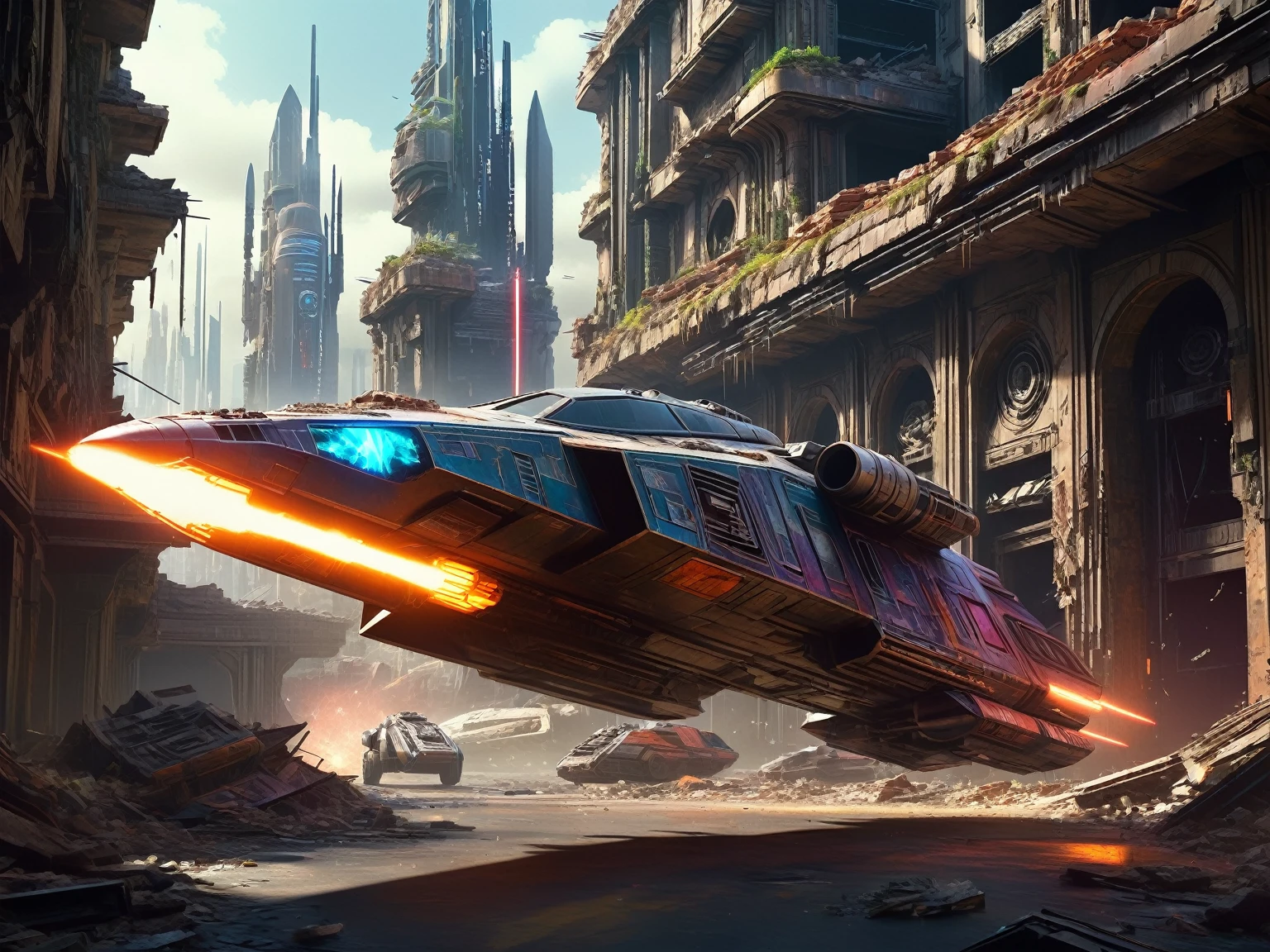 a high-speed futuristic “Spacecraft_Star-Wars” speeding through the ruins of a dystopian sci-fi city, with shattered glass, dramatic shadows, and decaying buildings, cinematic lighting creating a chiaroscuro effect, advanced futuristic technology and sleek lines, powerful engine and a sense of speed and danger, all rendered in vivid, vibrant colors with a masterful, highly detailed, photorealistic style, creating an immersive, atmospheric, and mysterious post-apocalyptic scene.