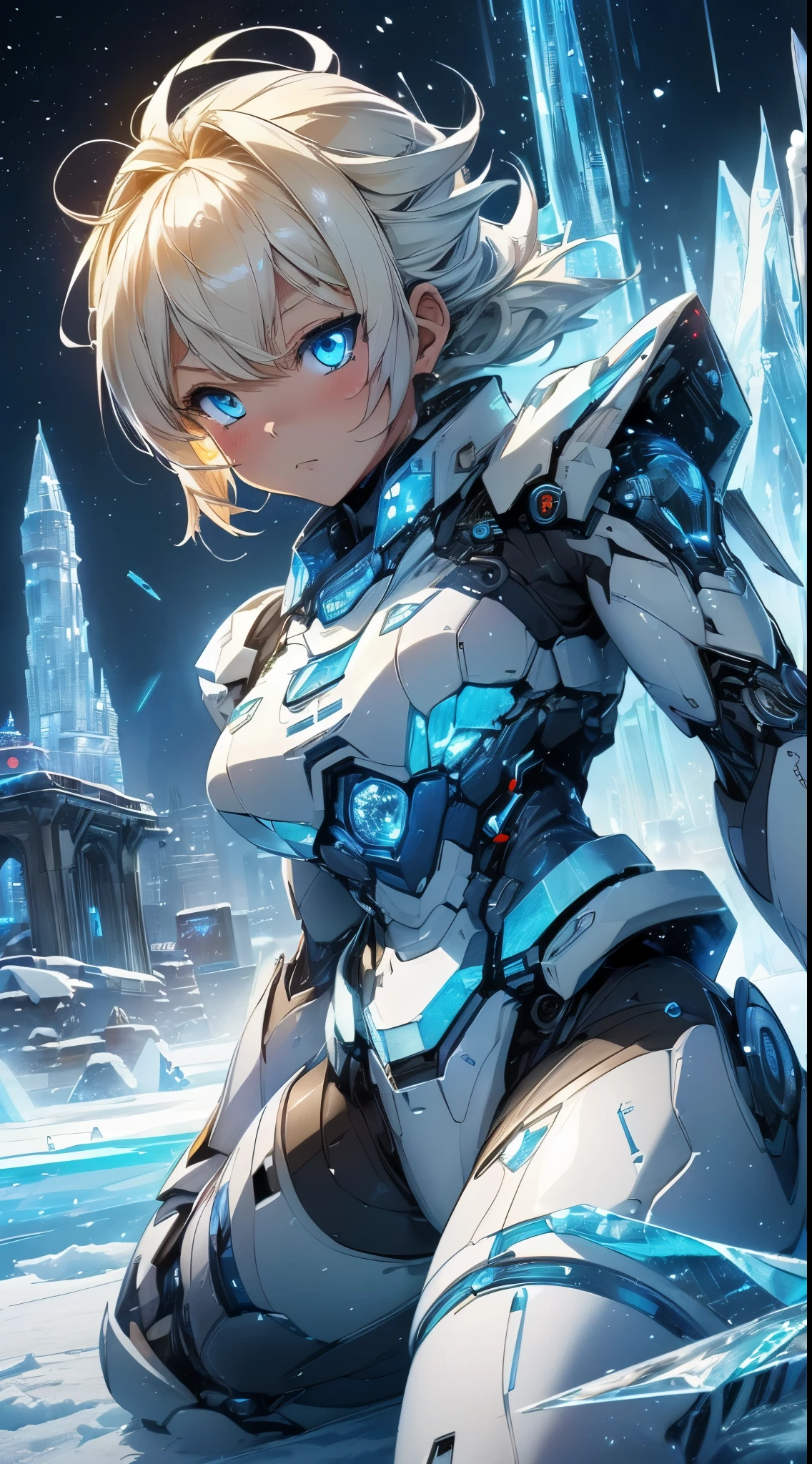 top-quality、Top image quality、​masterpiece、Android Girl((blue mechanic body、sixteen years old、 ager、White Mechanical Body、Best Bust、big bast,Beautiful light blue eyes、Breasts wide open, a blond、A slender,Large valleys、dye one's cheeks red、Leaning forward、has a blade of ice、White breath、have an ice gun、Reflecting the whole body)),hiquality、Beautiful Art、Background with((Fantastic world、Ice Burn City at night、snowflakes falling、Heavy snow falls、snowman、ice tower)))、masutepiece、depth of fields,