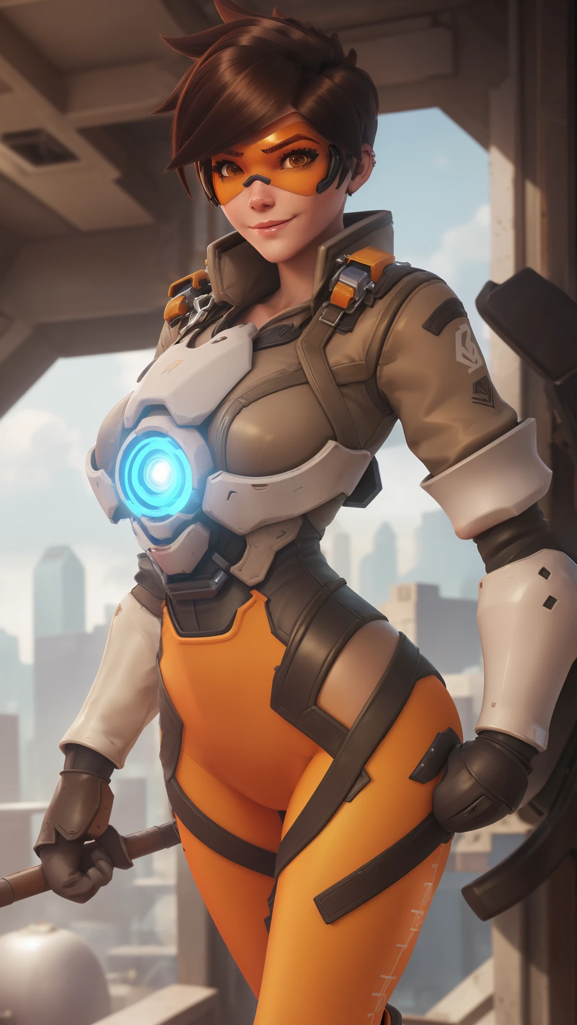 portrait of tracer, close up, gwen tennyson, tracer, overwatch, battle ruins, futuristic city, mecha pilot, bodysuit, brown short sleeve pilot jacket, pumpkin orange sport leggings, short hair, punk makeup, hazel eyes, multicolored brown hair, shy smile, freckles, beautiful girl, medium breasts,8k,ultra detailed, realistic, fantasy art, cyborg armor, pilot uniform,(weather: windy), (visor, googles), combat stance, torn clothes,