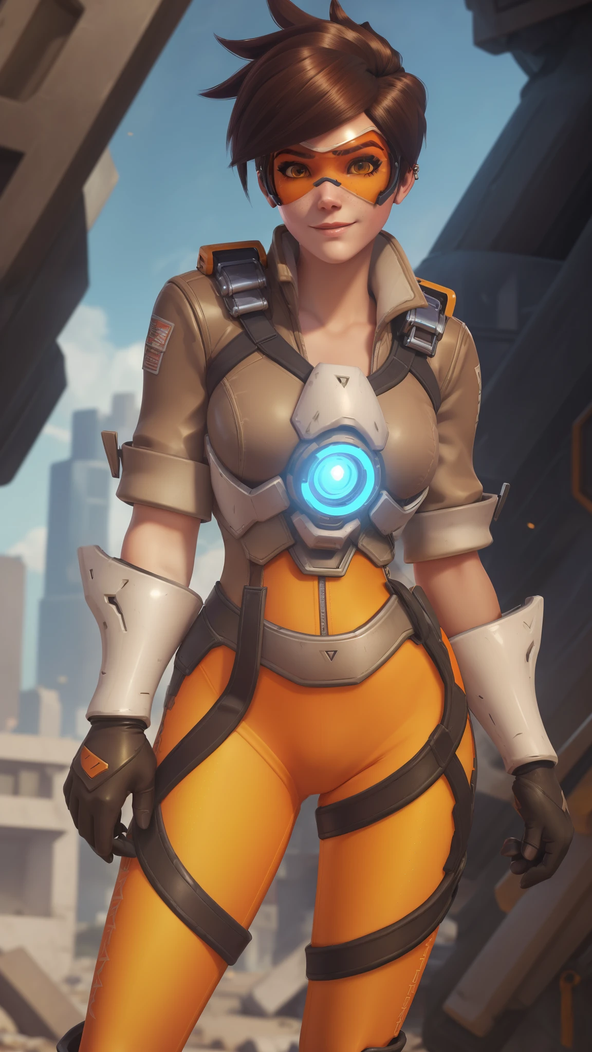 portrait of tracer, close up, gwen tennyson, tracer, overwatch, battle ruins, futuristic city, mecha pilot, bodysuit, brown short sleeve pilot jacket, pumpkin orange sport leggings, short hair, punk makeup, hazel eyes, multicolored brown hair, shy smile, freckles, beautiful girl, medium breasts,8k,ultra detailed, realistic, fantasy art, cyborg armor, pilot uniform,(weather: windy), (visor, googles), combat stance, torn clothes,