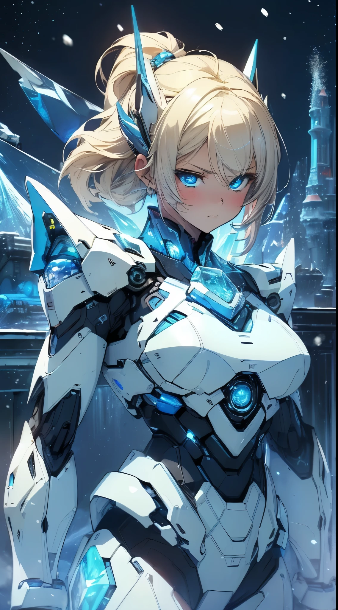 top-quality、Top image quality、masterpiece、Android Girl((blue mechanic body、sixteen years old、teen ager、White Mechanical Body、Best Bust、big bast,Beautiful light blue eyes、Breasts wide open, a blond、A slender,Large valleys、dye one's cheeks red、Leaning forward、has a blade of ice、White breath、have an ice gun、Reflecting the whole body)),hiquality、Beautiful Art、Background with((Fantastic world、Ice Burn City at night、snowflakes falling、Heavy snow falls、snowman、ice tower)))、masutepiece、depth of fields,