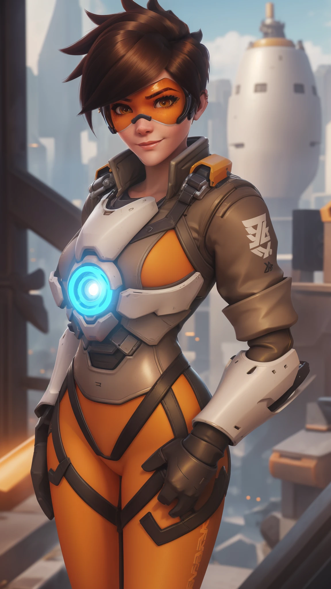 portrait of tracer, close up, gwen tennyson, tracer, overwatch, battle ruins, futuristic city, mecha pilot, bodysuit, brown short sleeve pilot jacket, pumpkin orange sport leggings, short hair, punk makeup, hazel eyes, multicolored brown hair, shy smile, freckles, beautiful girl, medium breasts,8k,ultra detailed, realistic, fantasy art, cyborg armor, pilot uniform,(weather: windy), (visor, googles), combat stance, torn clothes,